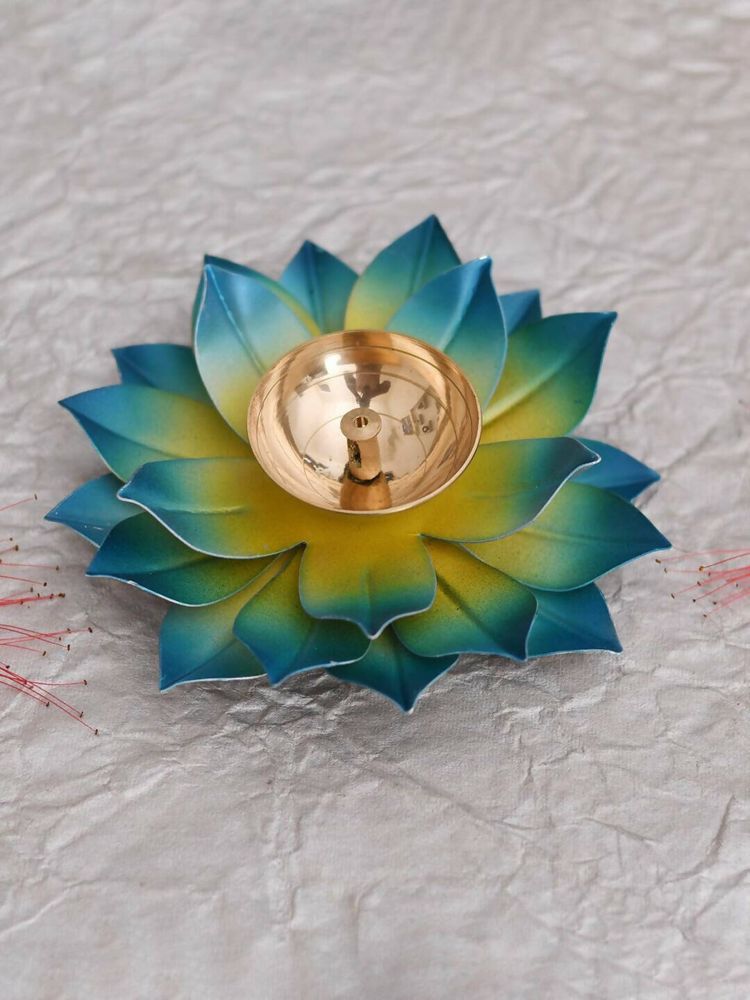 CraftVatika Blue Lotus Hand Painted Diya Metal 