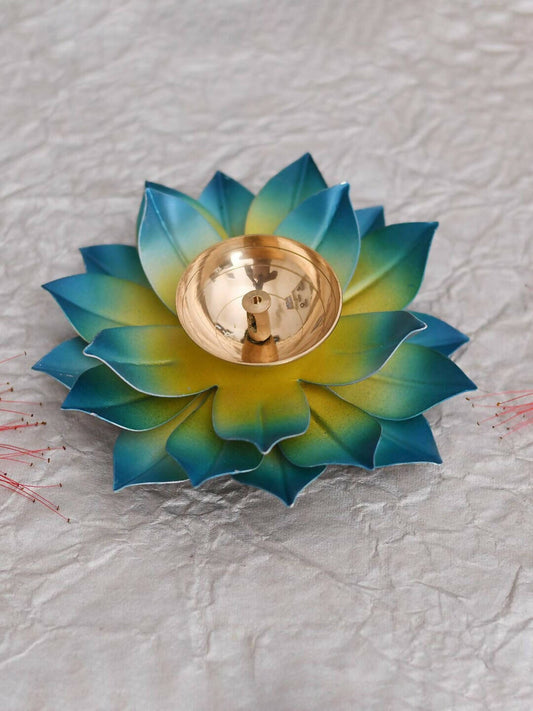 CraftVatika Blue Lotus Hand Painted Diya Metal 