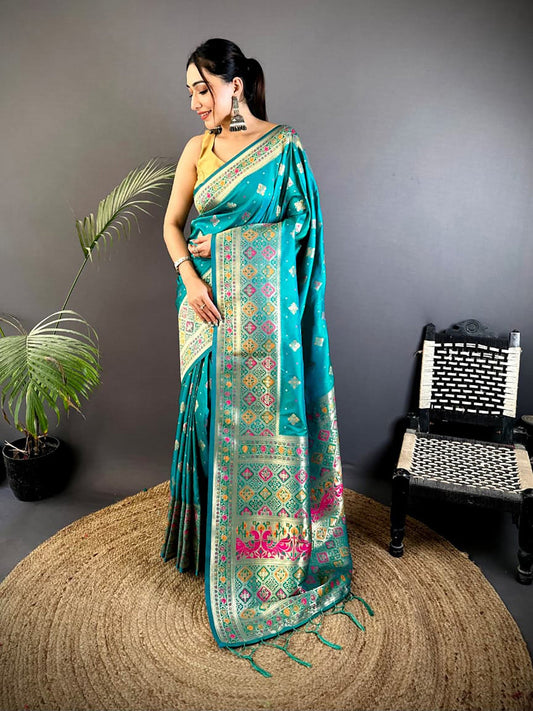 Joban Fashion Teal Banarasi Lichi Silk Meenakari Weaving Saree