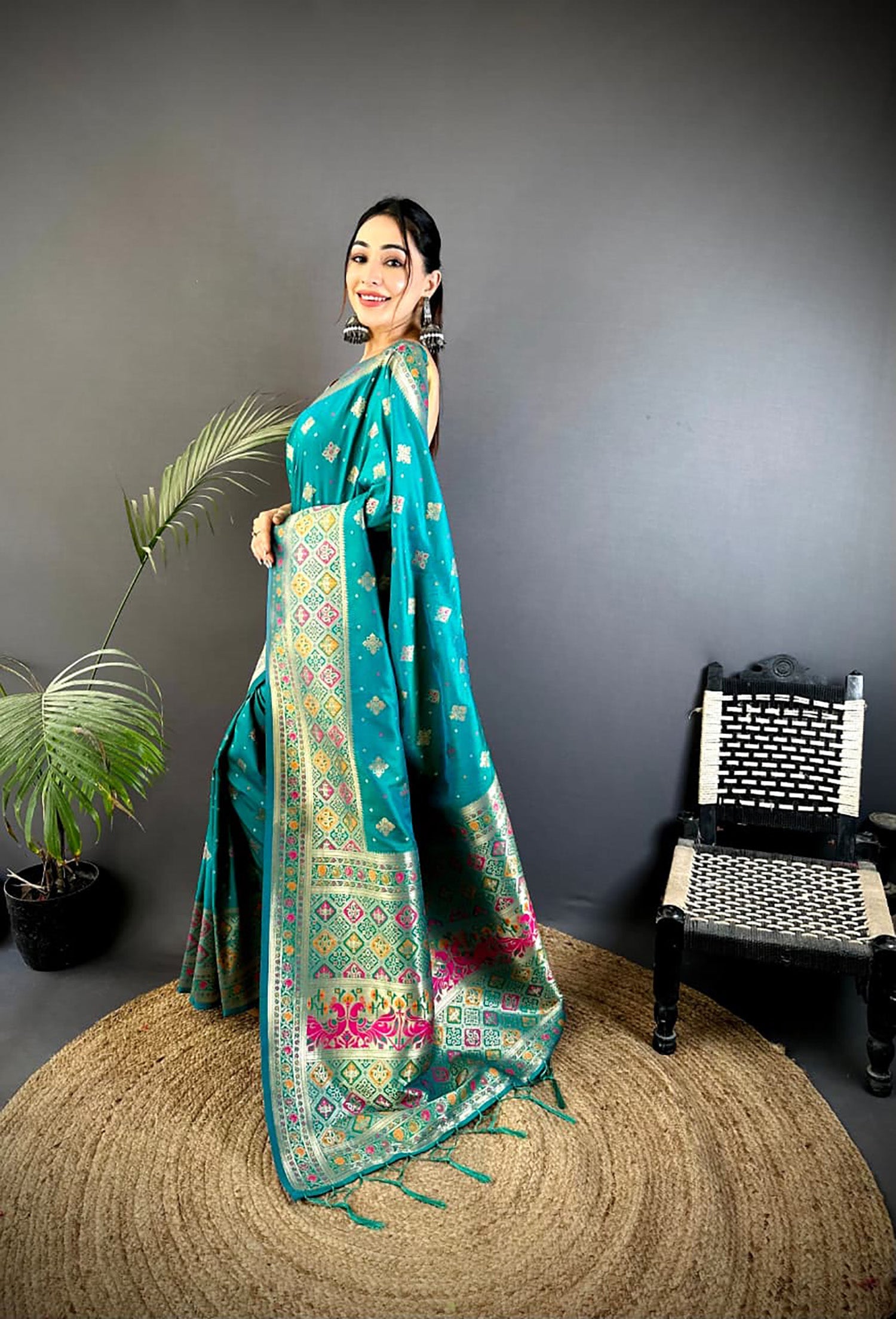 Joban Fashion Teal Banarasi Lichi Silk Meenakari Weaving Saree