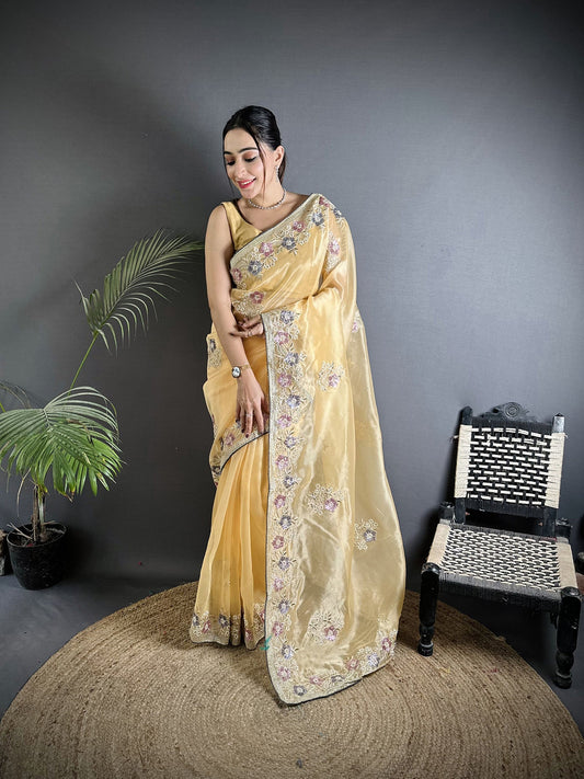 Joban Fashion Bright Yellow Organza Silk Dubble Sequence Saree