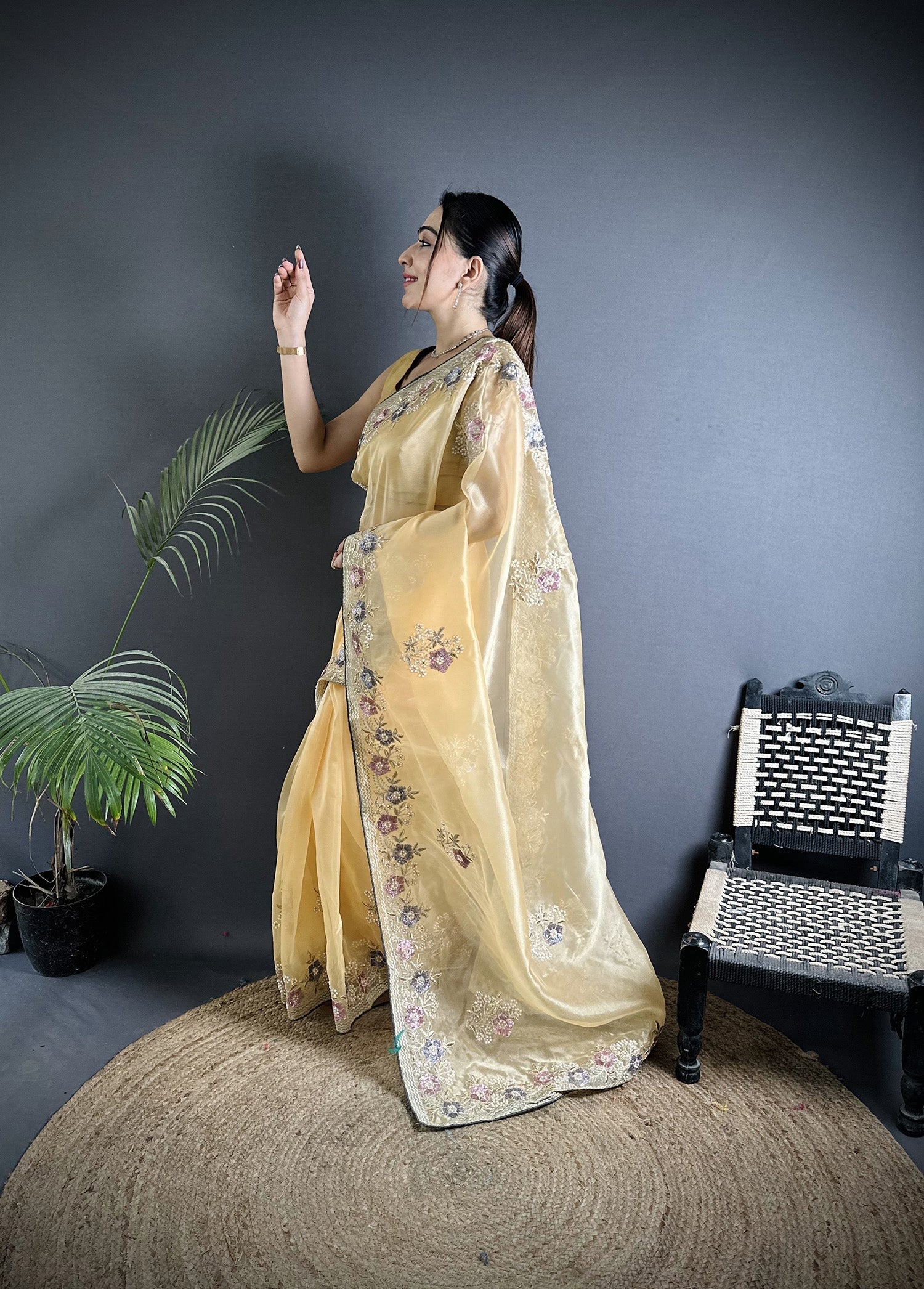 Joban Fashion Bright Yellow Organza Silk Dubble Sequence Saree