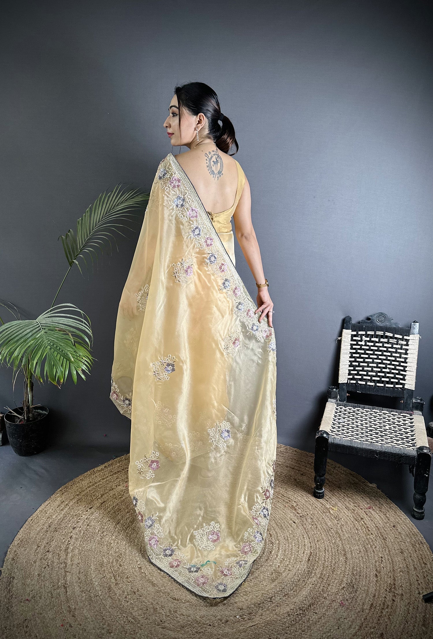 Joban Fashion Bright Yellow Organza Silk Dubble Sequence Saree