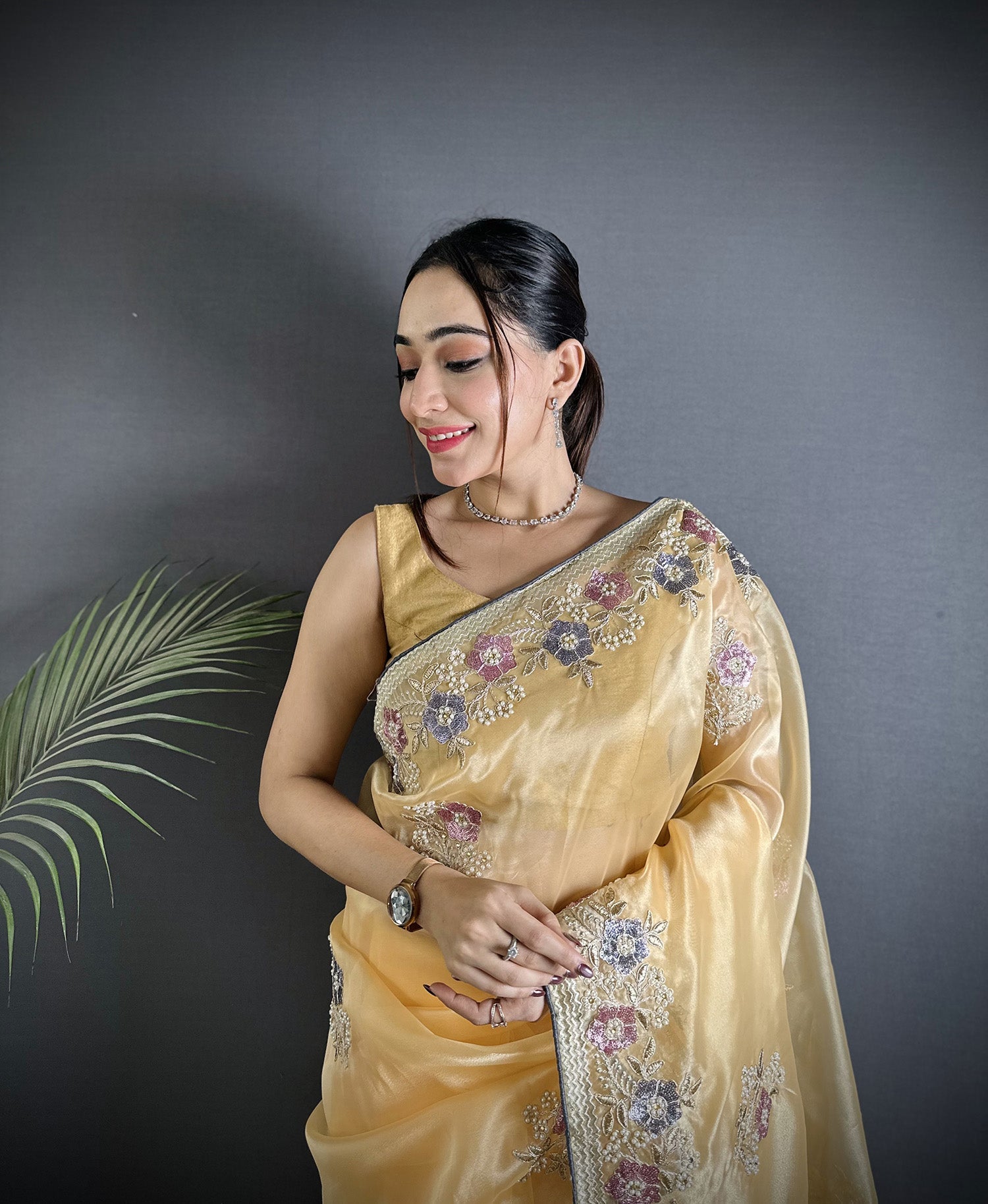 Joban Fashion Bright Yellow Organza Silk Dubble Sequence Saree