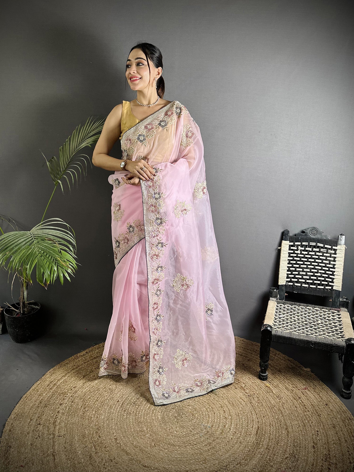 Joban Fashion Light Pink Organza Silk Dubble Sequence Saree