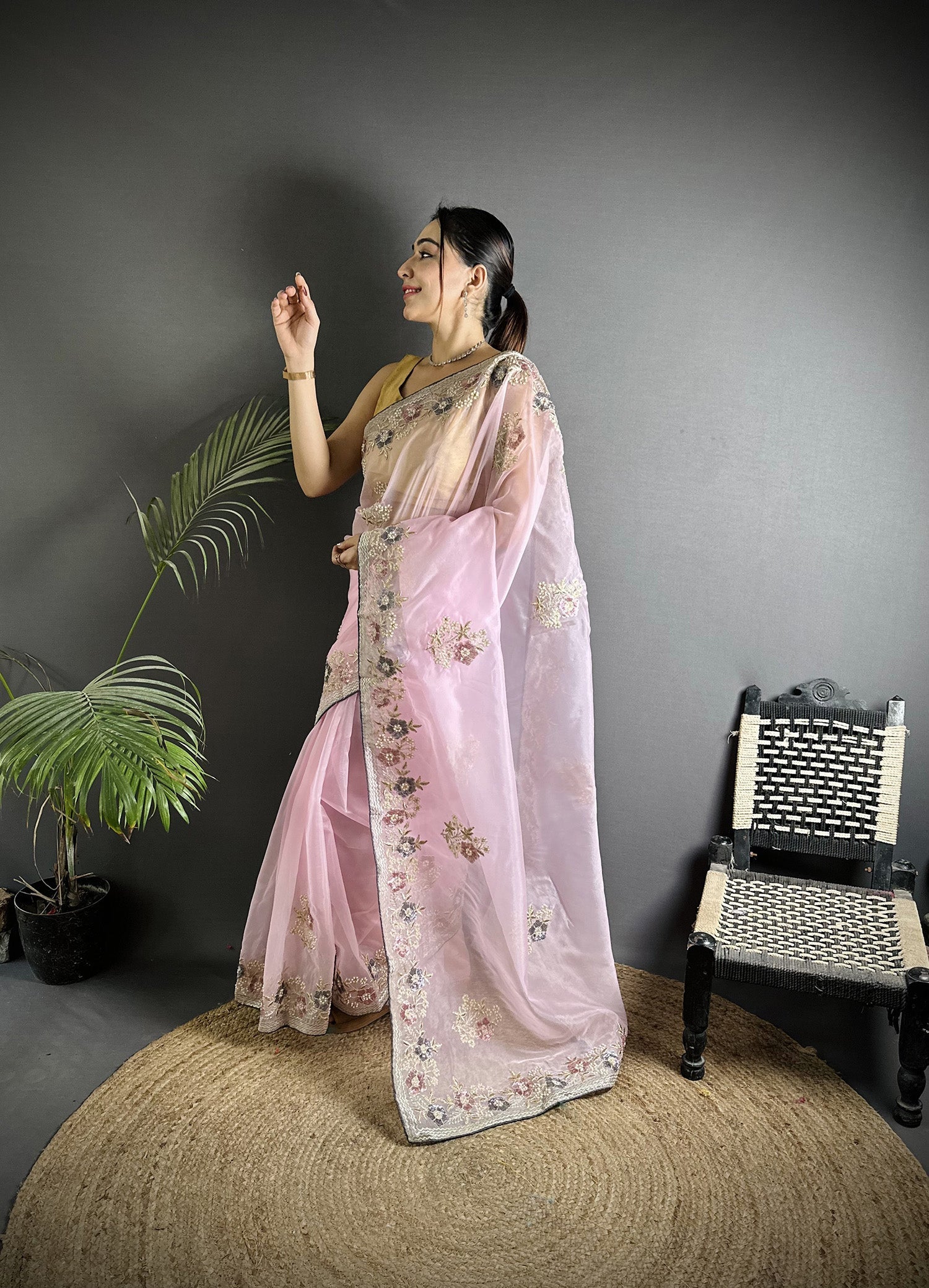 Joban Fashion Light Pink Organza Silk Dubble Sequence Saree