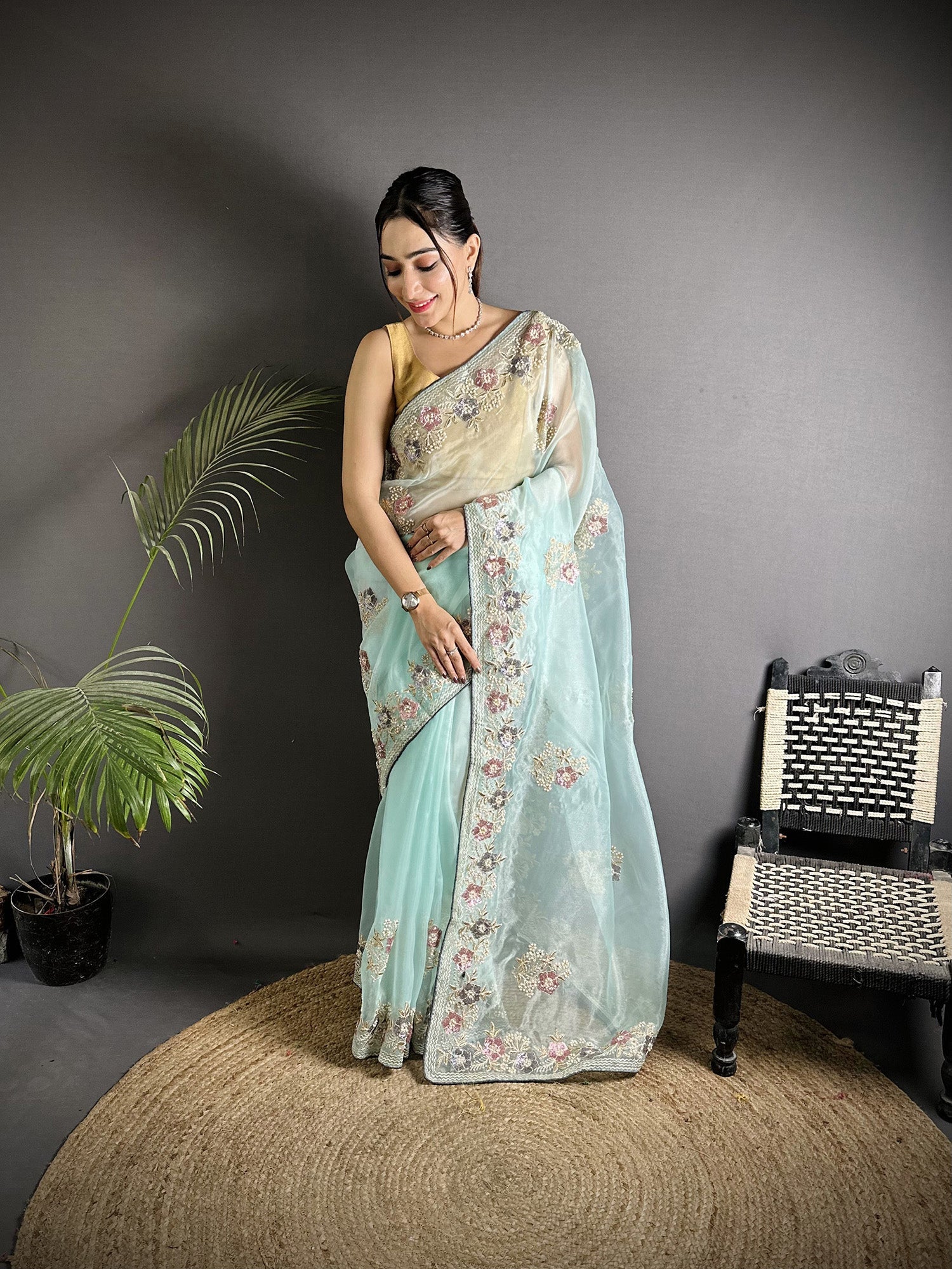 Joban Fashion Sky Blue Organza Silk Dubble Sequence Saree