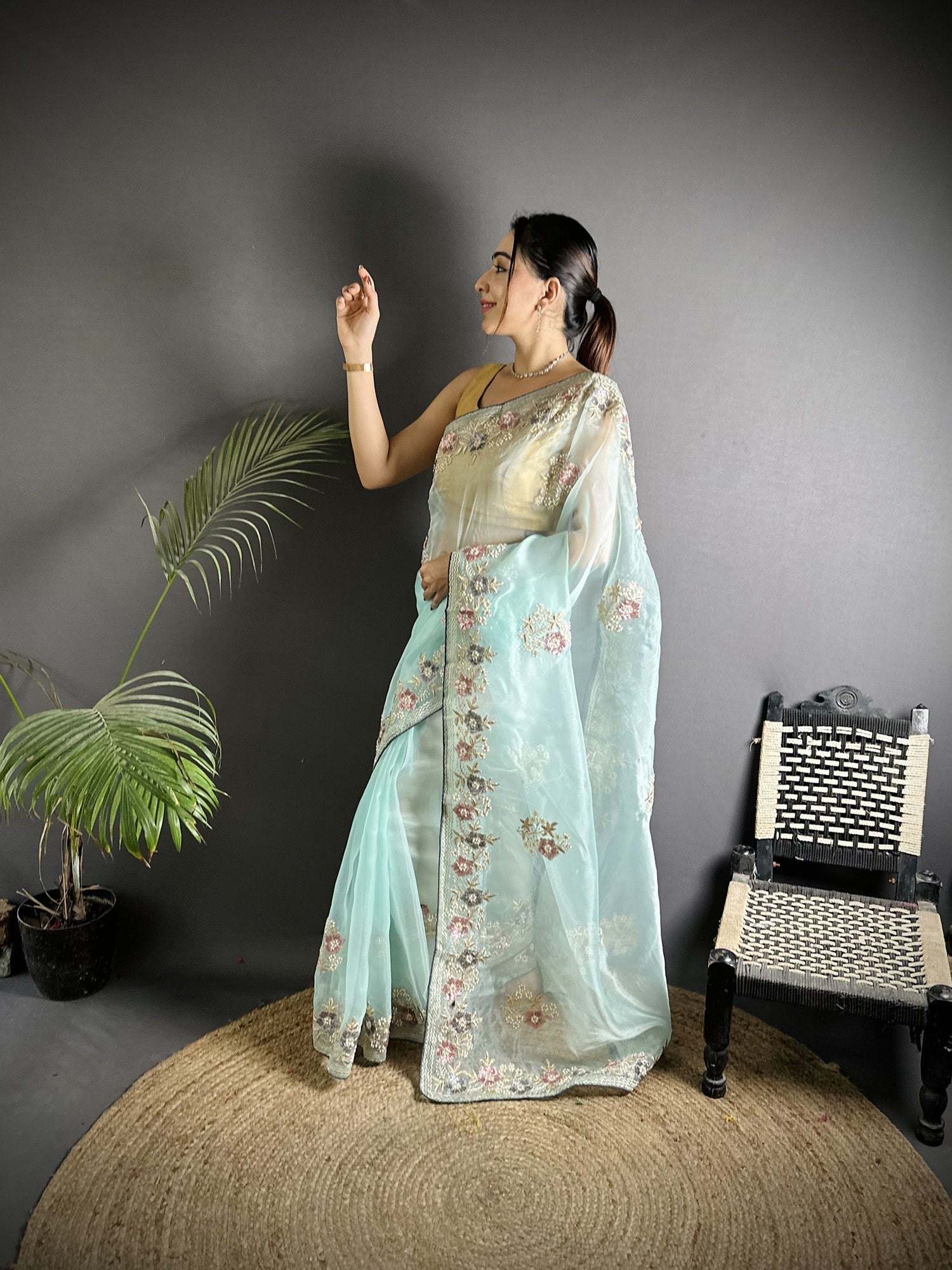 Joban Fashion Sky Blue Organza Silk Dubble Sequence Saree
