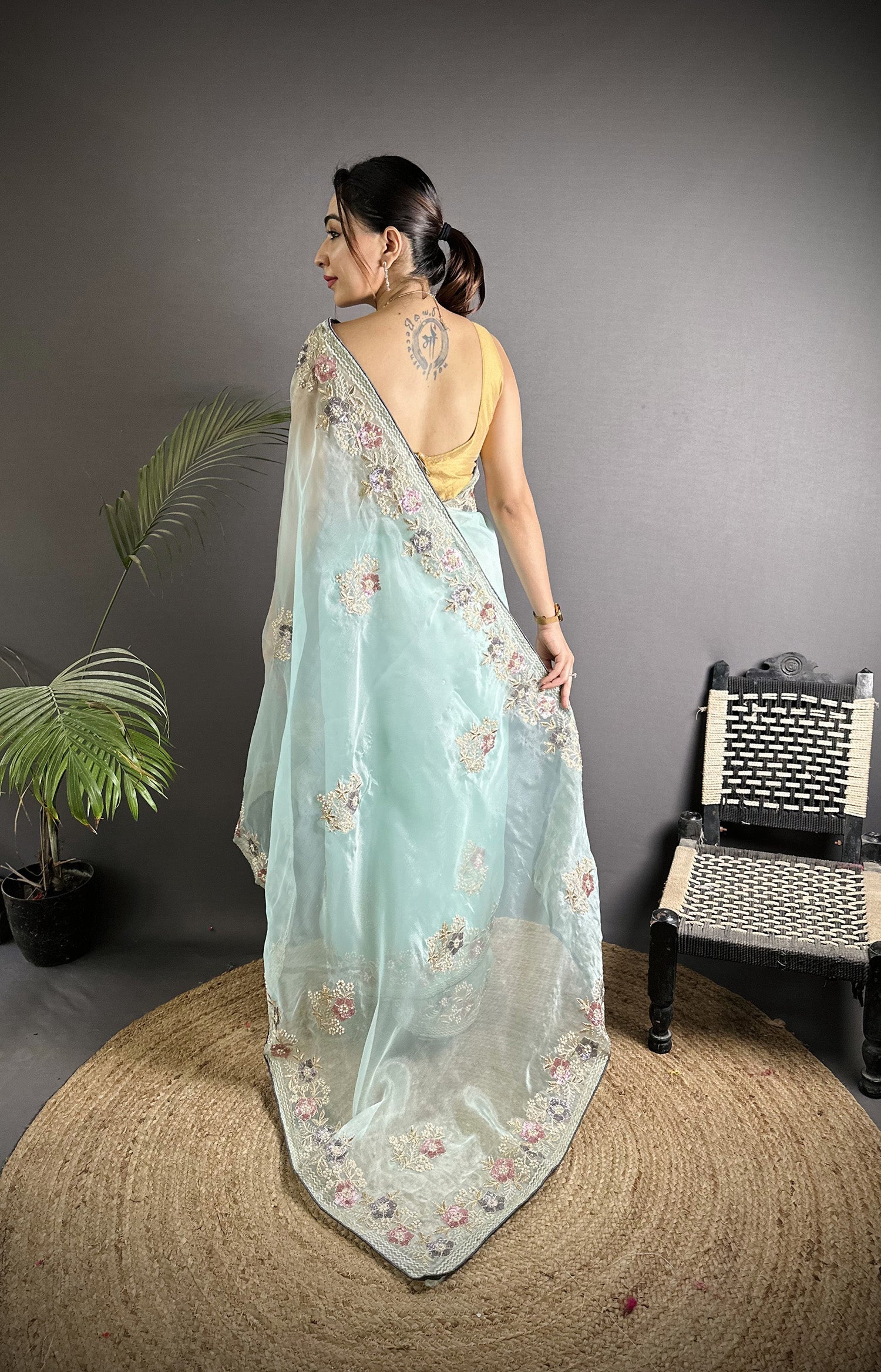 Joban Fashion Sky Blue Organza Silk Dubble Sequence Saree