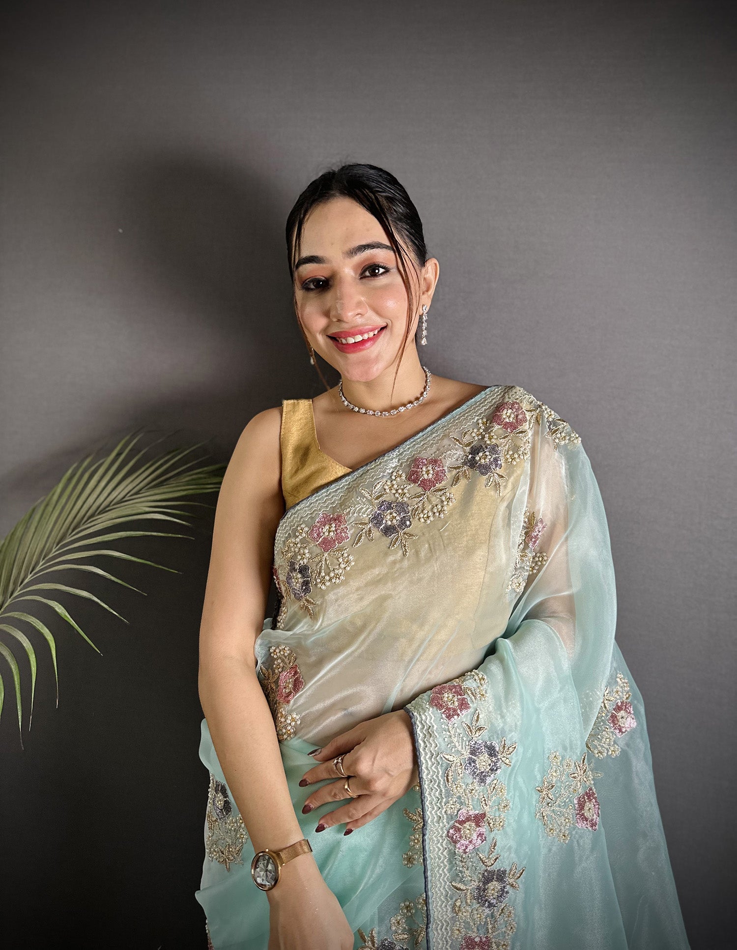 Joban Fashion Sky Blue Organza Silk Dubble Sequence Saree