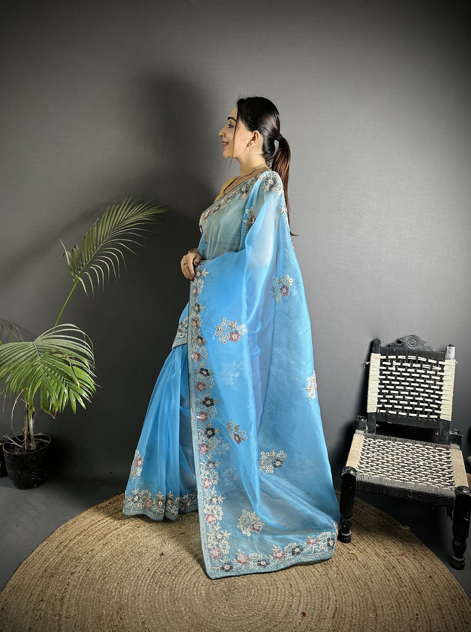Joban Fashion Light Turquoise Organza Silk Dubble Sequence Saree