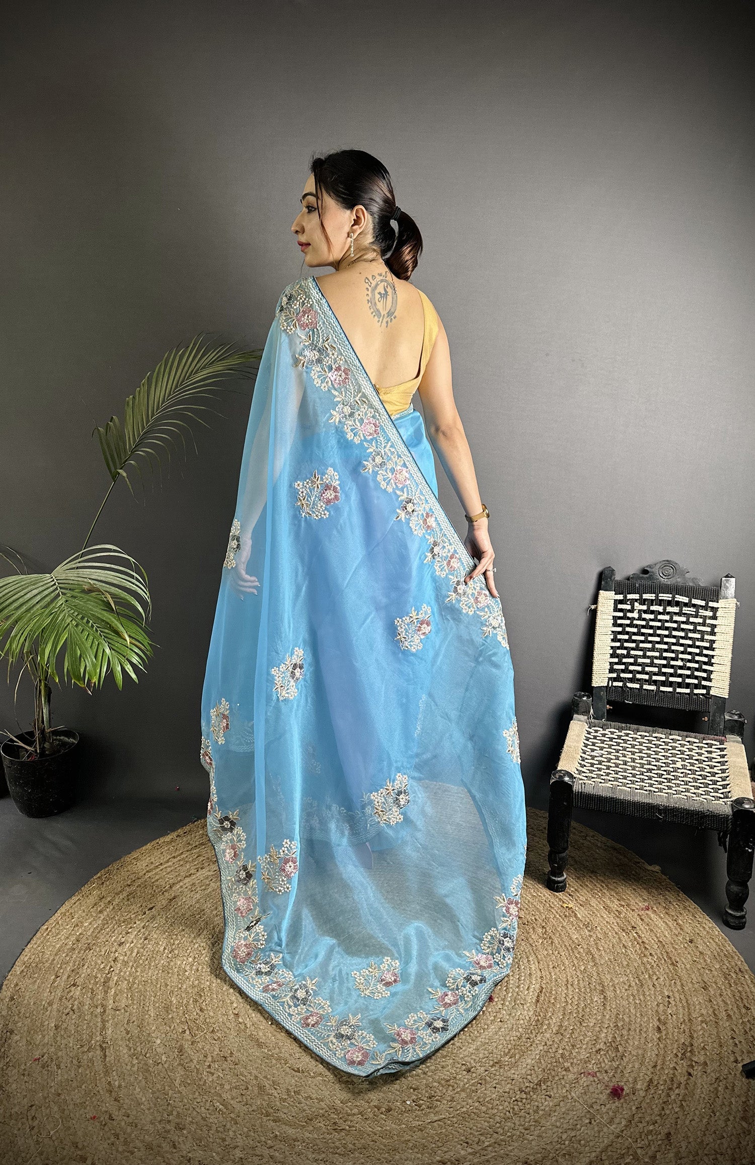 Joban Fashion Light Turquoise Organza Silk Dubble Sequence Saree