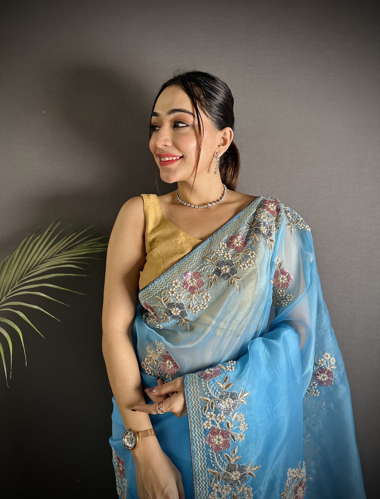 Joban Fashion Light Turquoise Organza Silk Dubble Sequence Saree