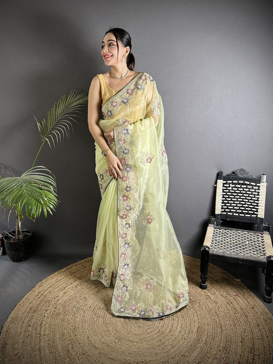 Joban Fashion Pale Prim Yellow Organza Silk Dubble Sequence Saree