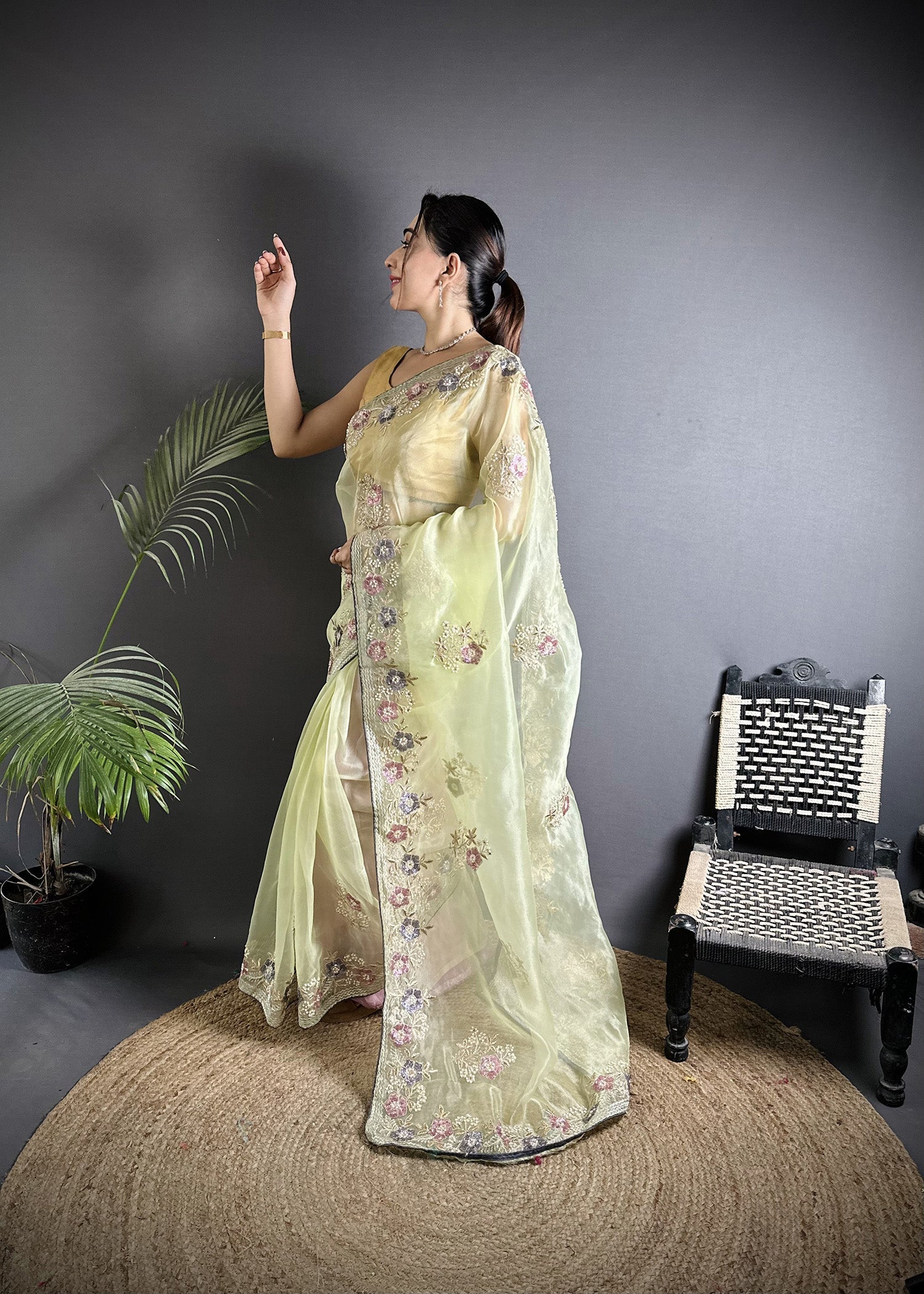 Joban Fashion Pale Prim Yellow Organza Silk Dubble Sequence Saree