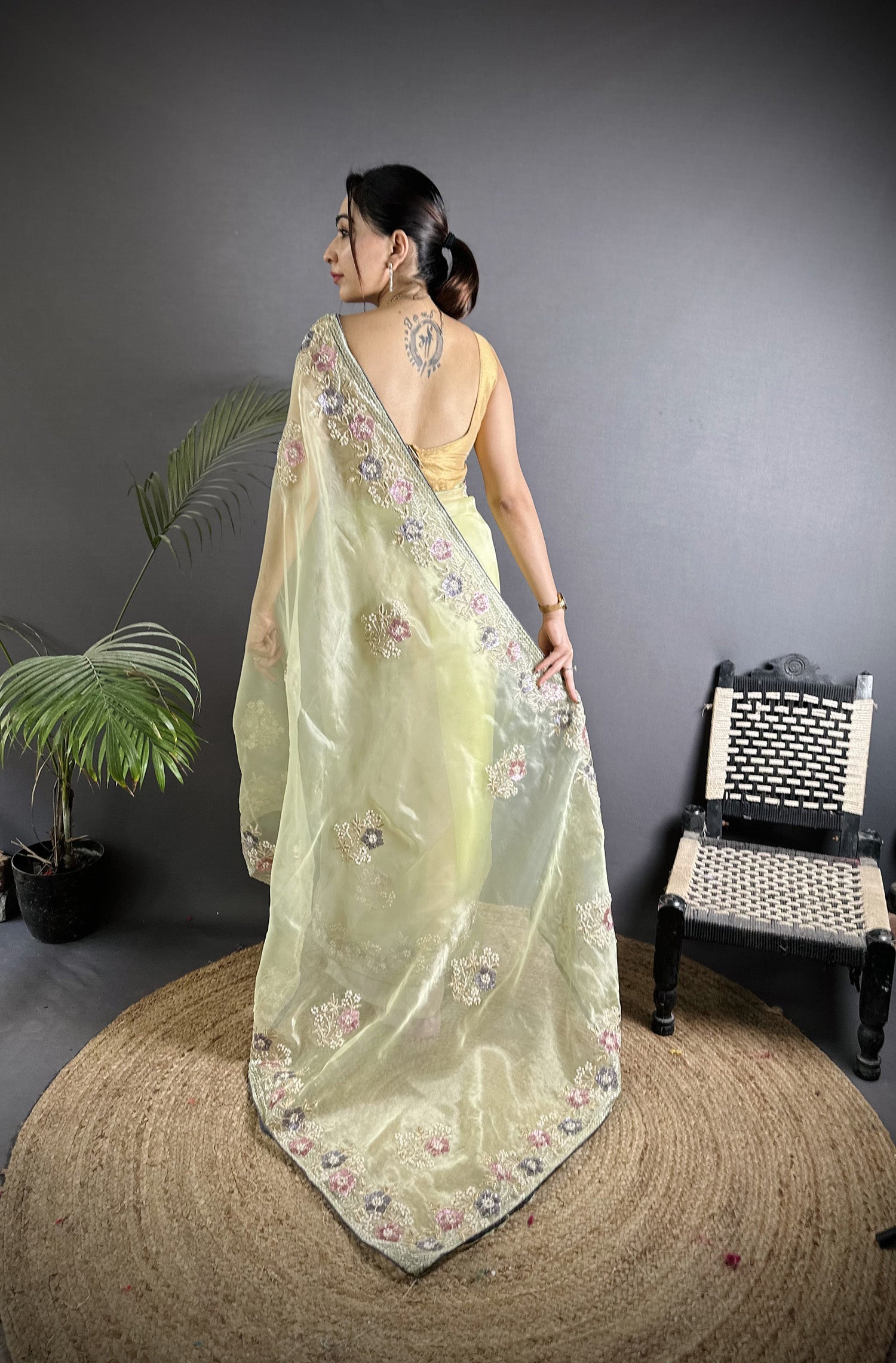 Joban Fashion Pale Prim Yellow Organza Silk Dubble Sequence Saree
