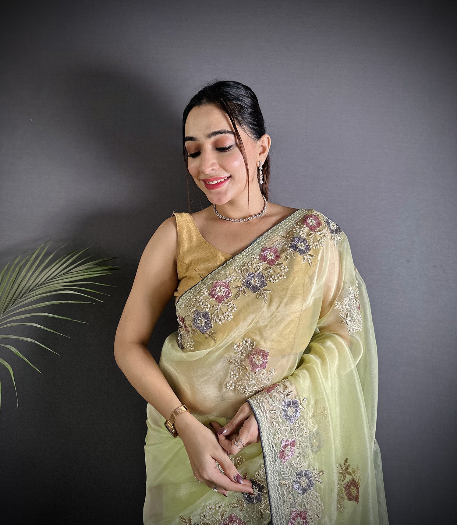 Joban Fashion Pale Prim Yellow Organza Silk Dubble Sequence Saree