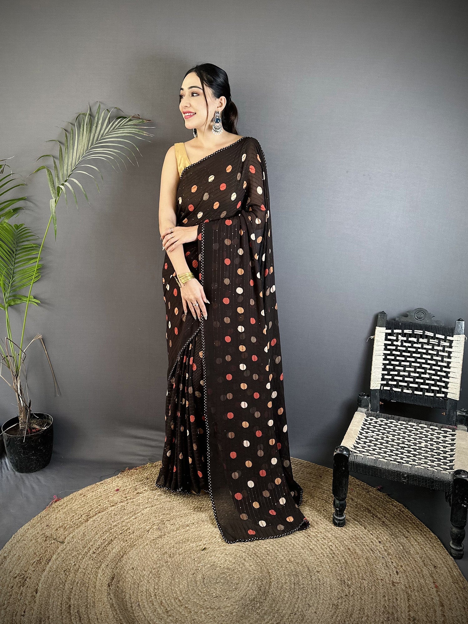 Joban Fashion Black Georgette Polka Dot Pattern Saree