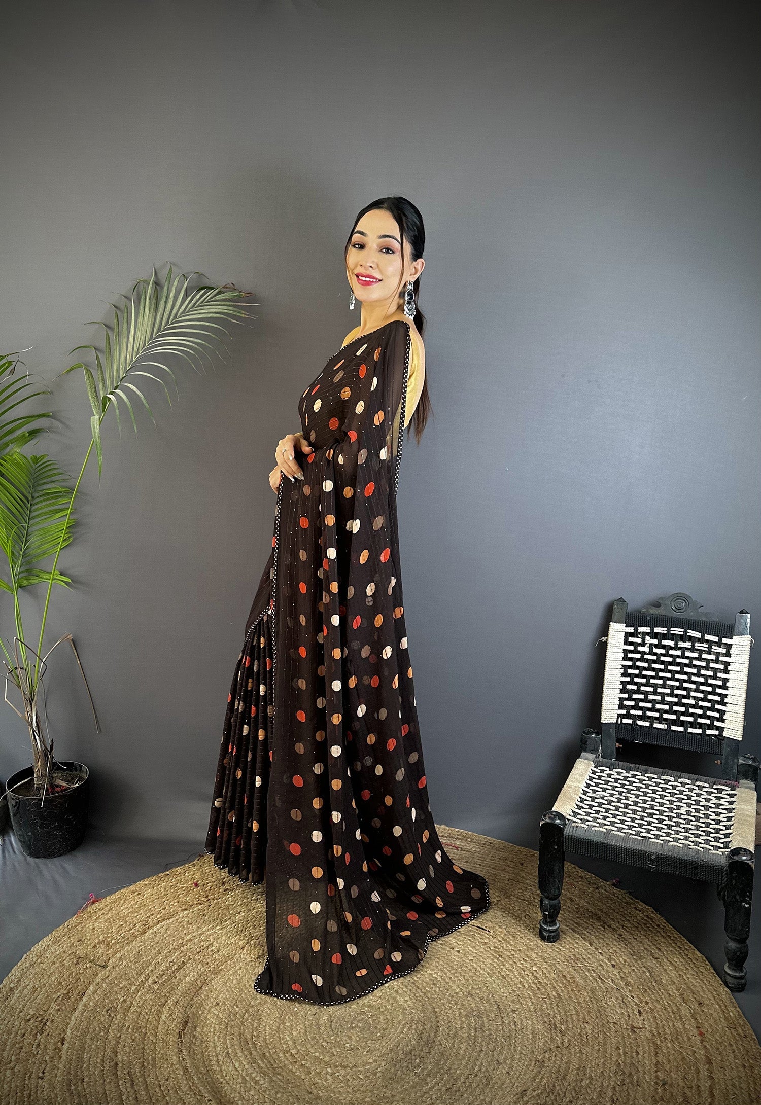 Joban Fashion Black Georgette Polka Dot Pattern Saree
