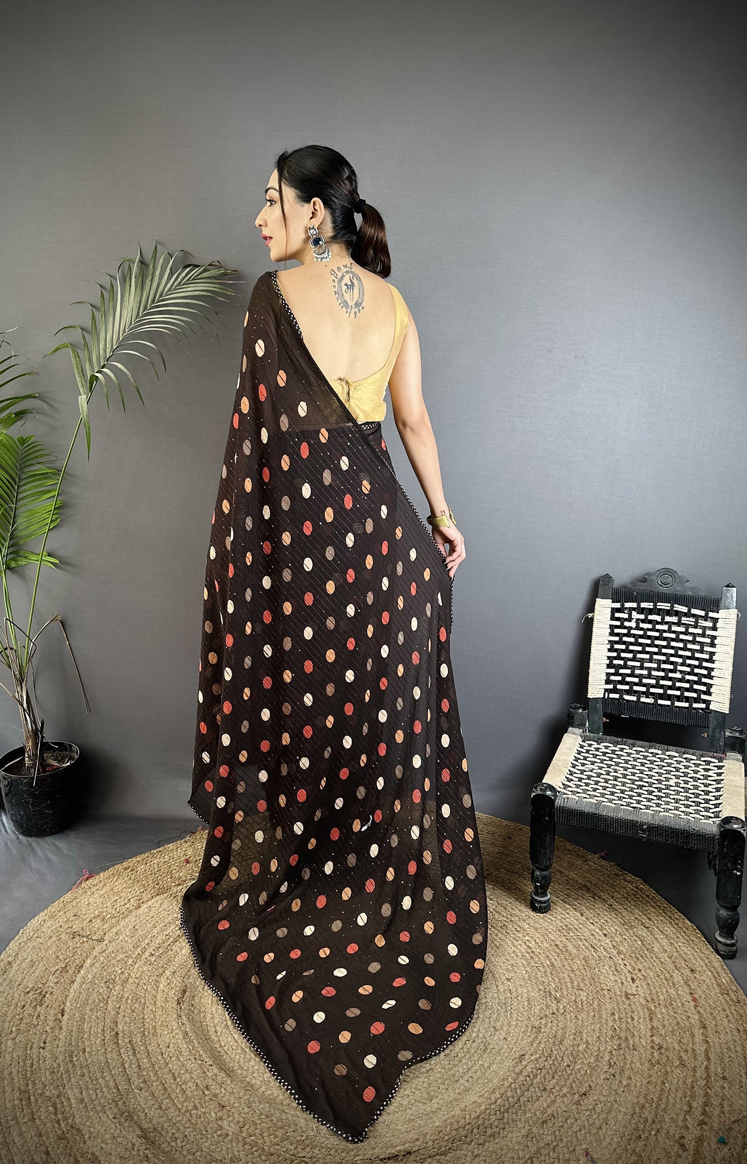 Joban Fashion Black Georgette Polka Dot Pattern Saree