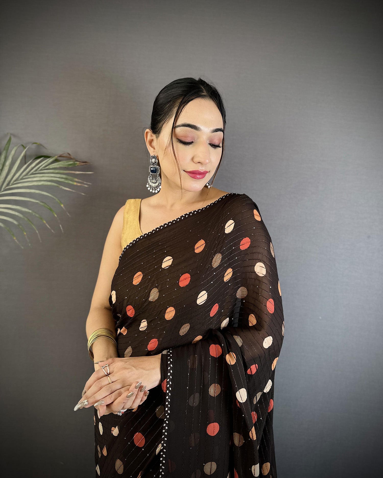 Joban Fashion Black Georgette Polka Dot Pattern Saree