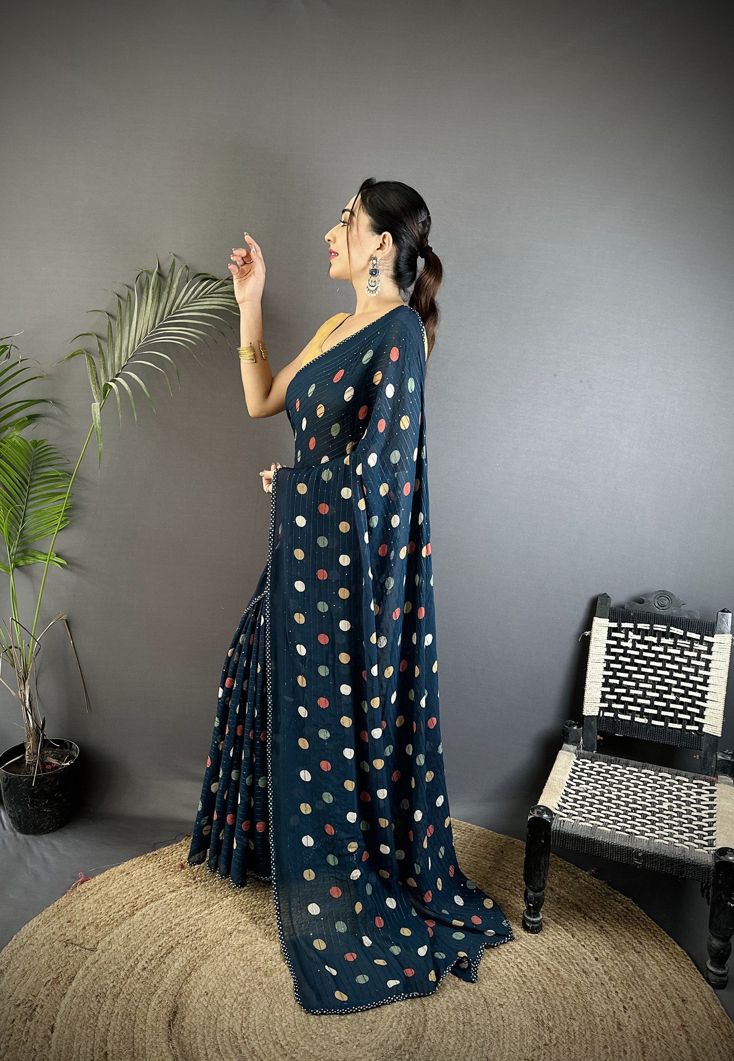 Joban Fashion Deep Blue Georgette Polka Dot Pattern Saree