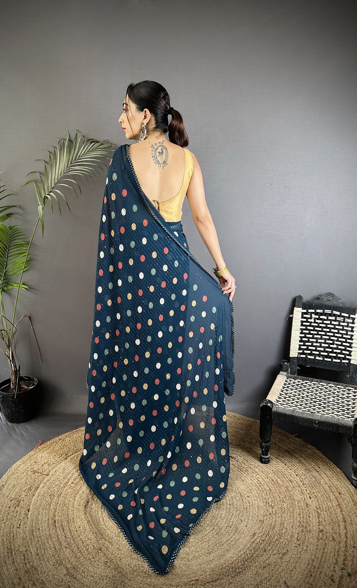 Joban Fashion Deep Blue Georgette Polka Dot Pattern Saree