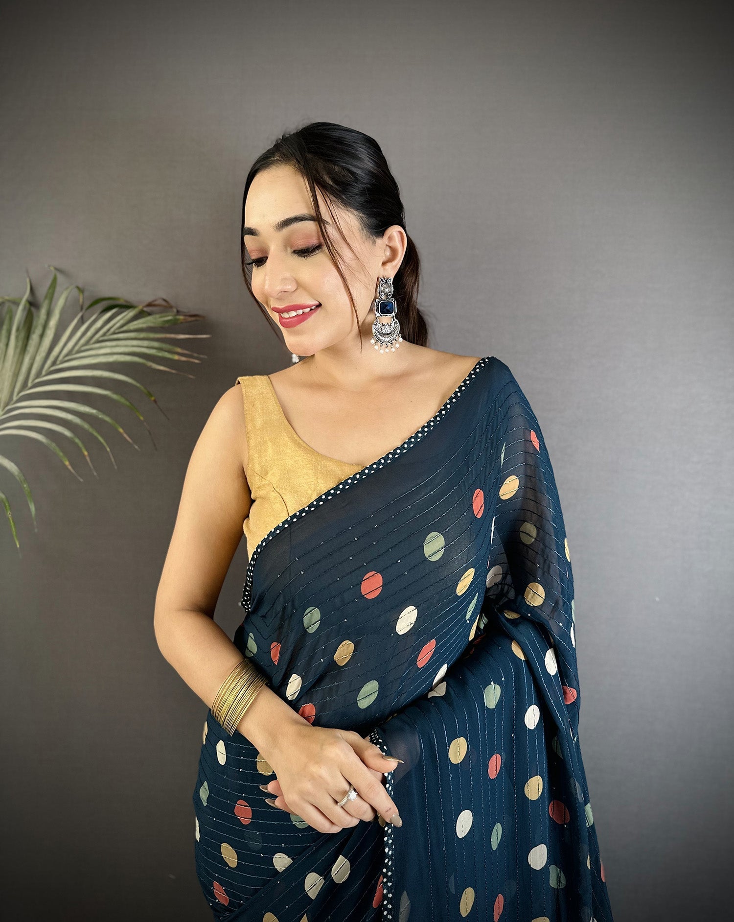 Joban Fashion Deep Blue Georgette Polka Dot Pattern Saree