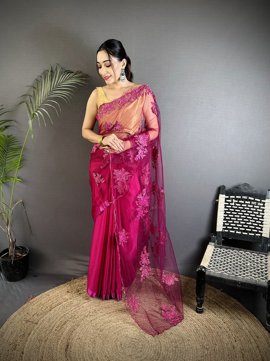 Joban Fashion Fuchsia Georgette Floral Embroidered Saree