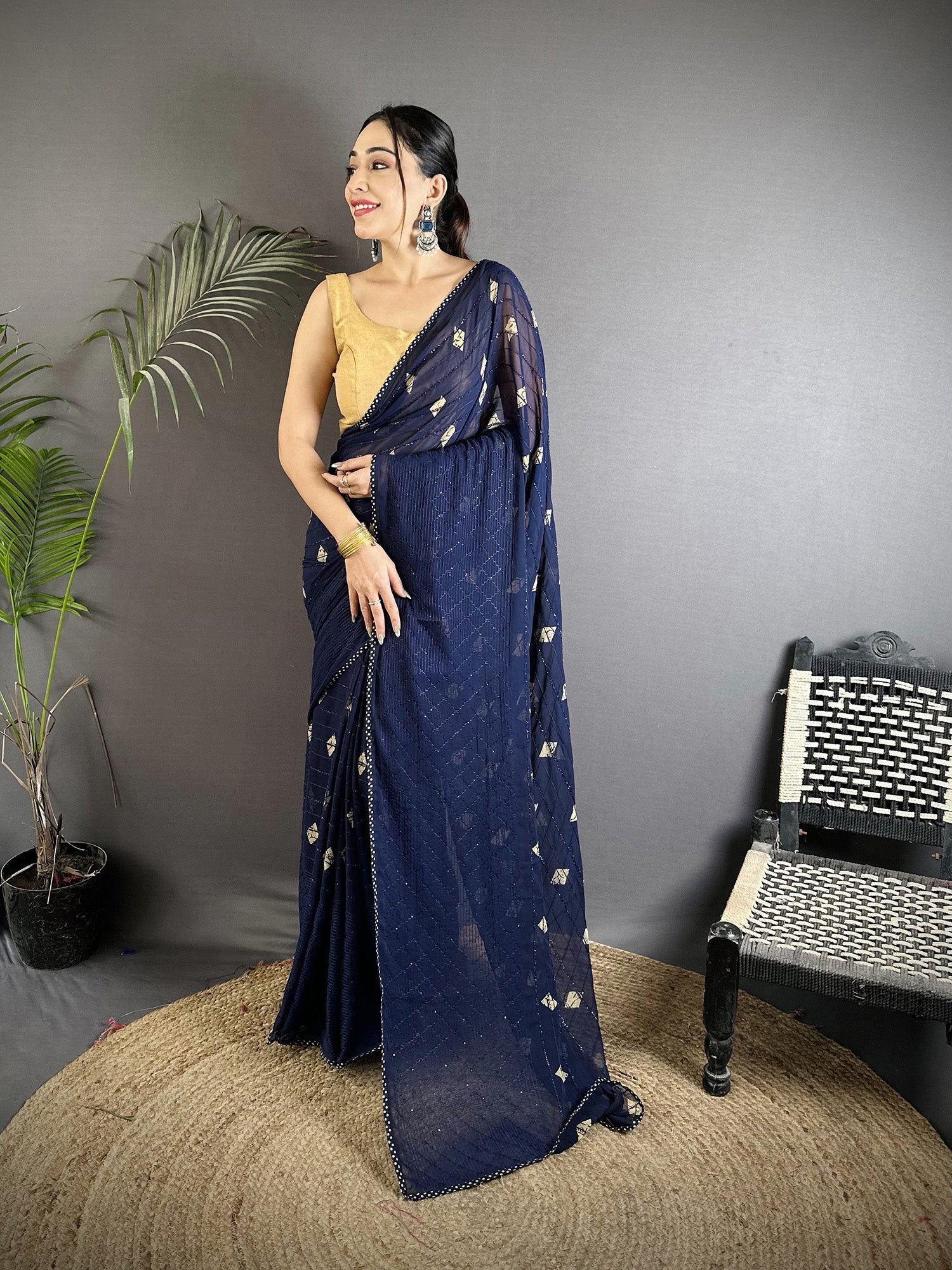 Joban Fashion Navy Blue Georgette Polka Dot Pattern Saree