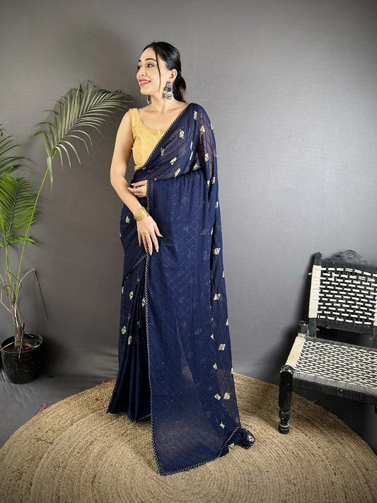 Joban Fashion Navy Blue Georgette Polka Dot Pattern Saree