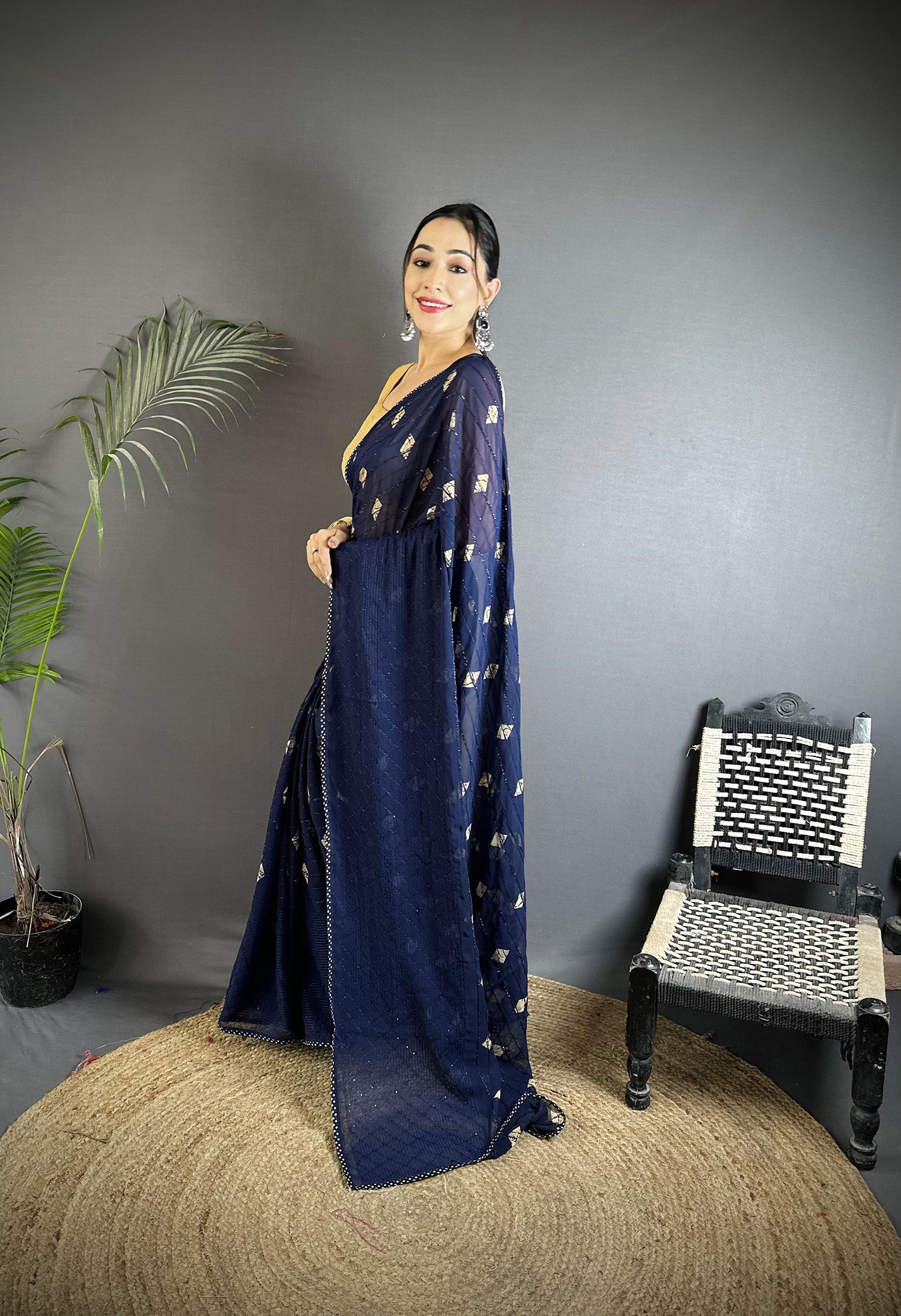 Joban Fashion Navy Blue Georgette Polka Dot Pattern Saree
