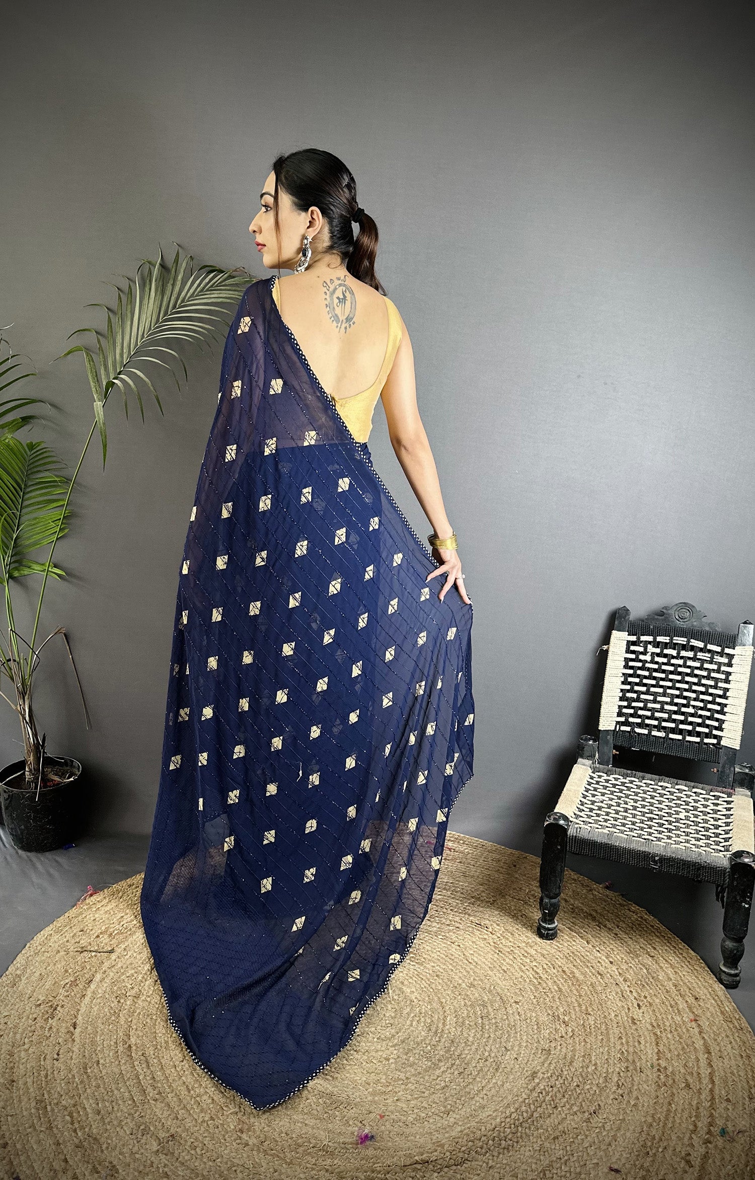 Joban Fashion Navy Blue Georgette Polka Dot Pattern Saree