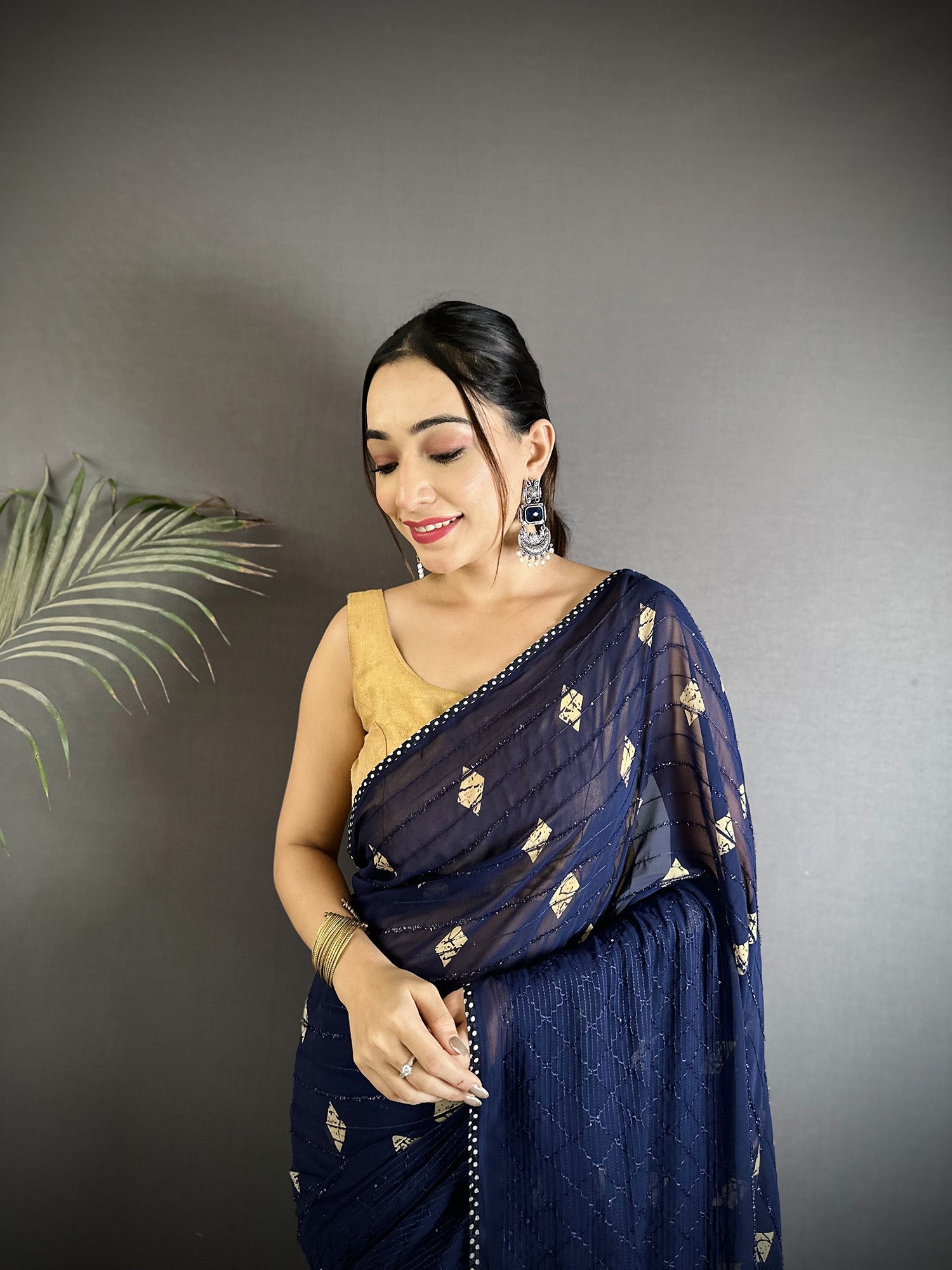 Joban Fashion Navy Blue Georgette Polka Dot Pattern Saree
