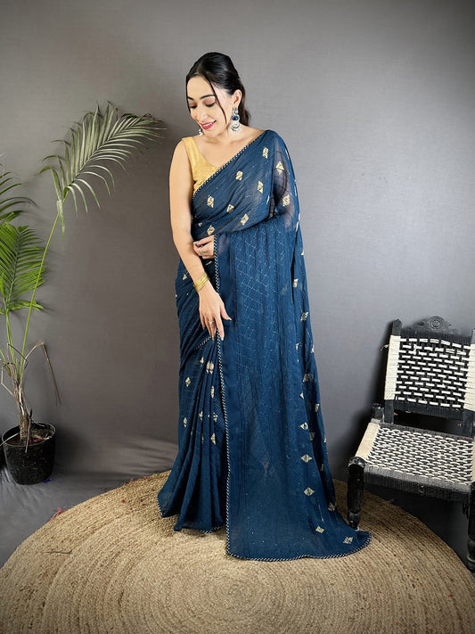 Joban Fashion Blue Georgette Polka Dot Pattern Saree