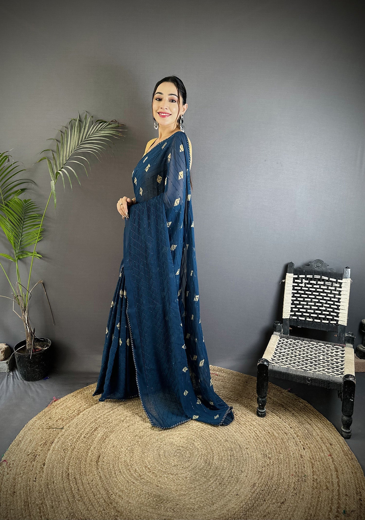 Joban Fashion Blue Georgette Polka Dot Pattern Saree