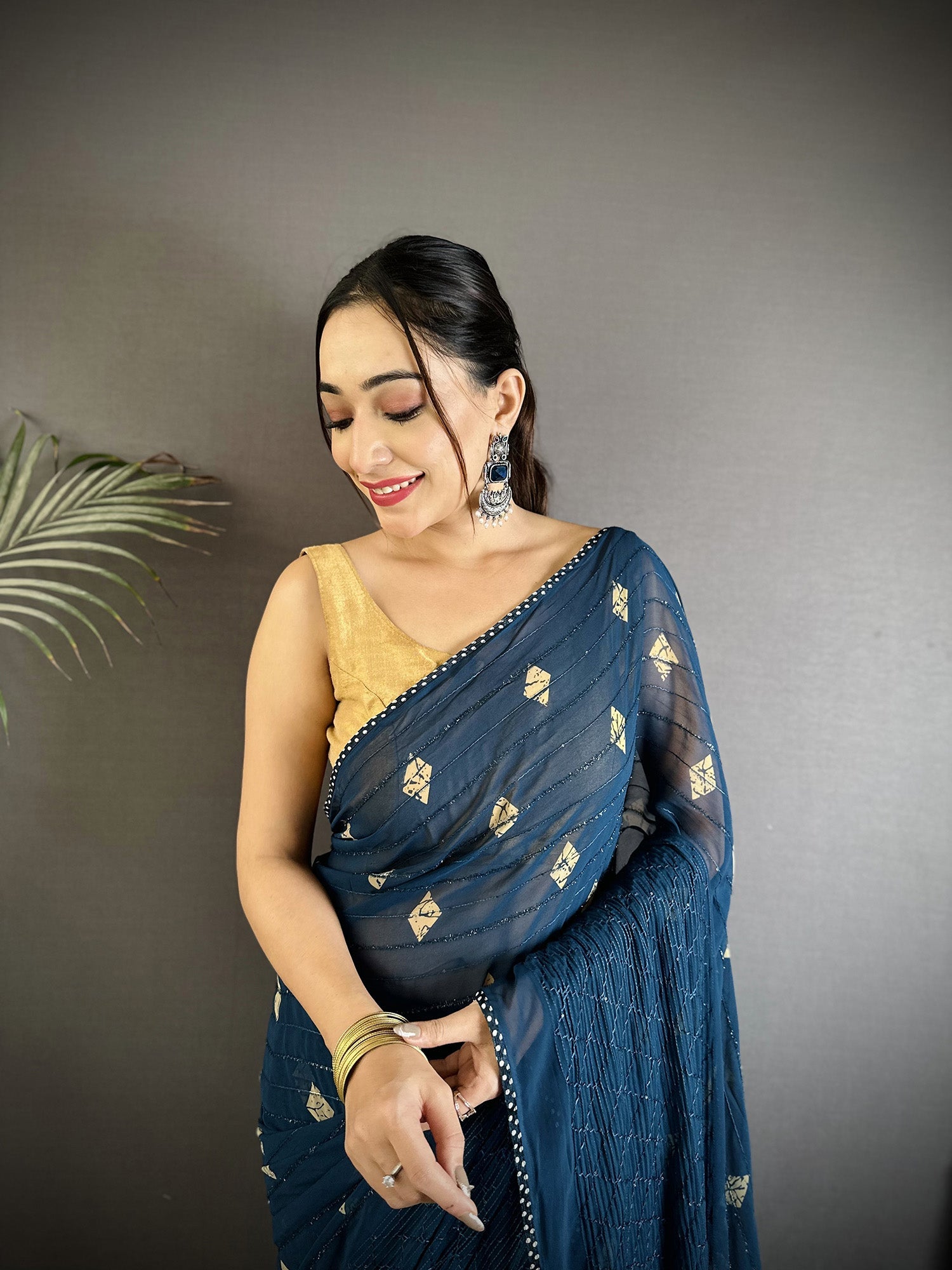 Joban Fashion Blue Georgette Polka Dot Pattern Saree