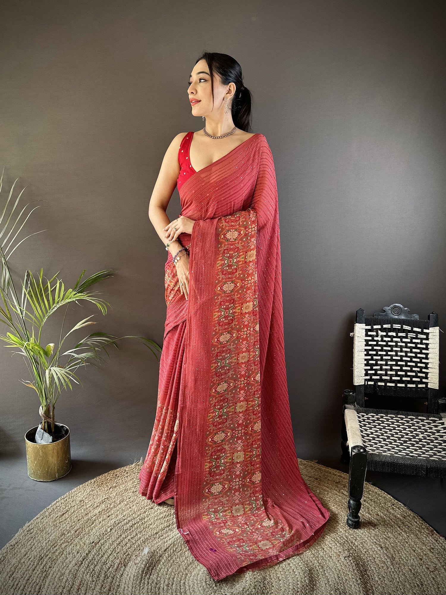 Joban Fashion Red Georgette Attractive Foil Print Saree