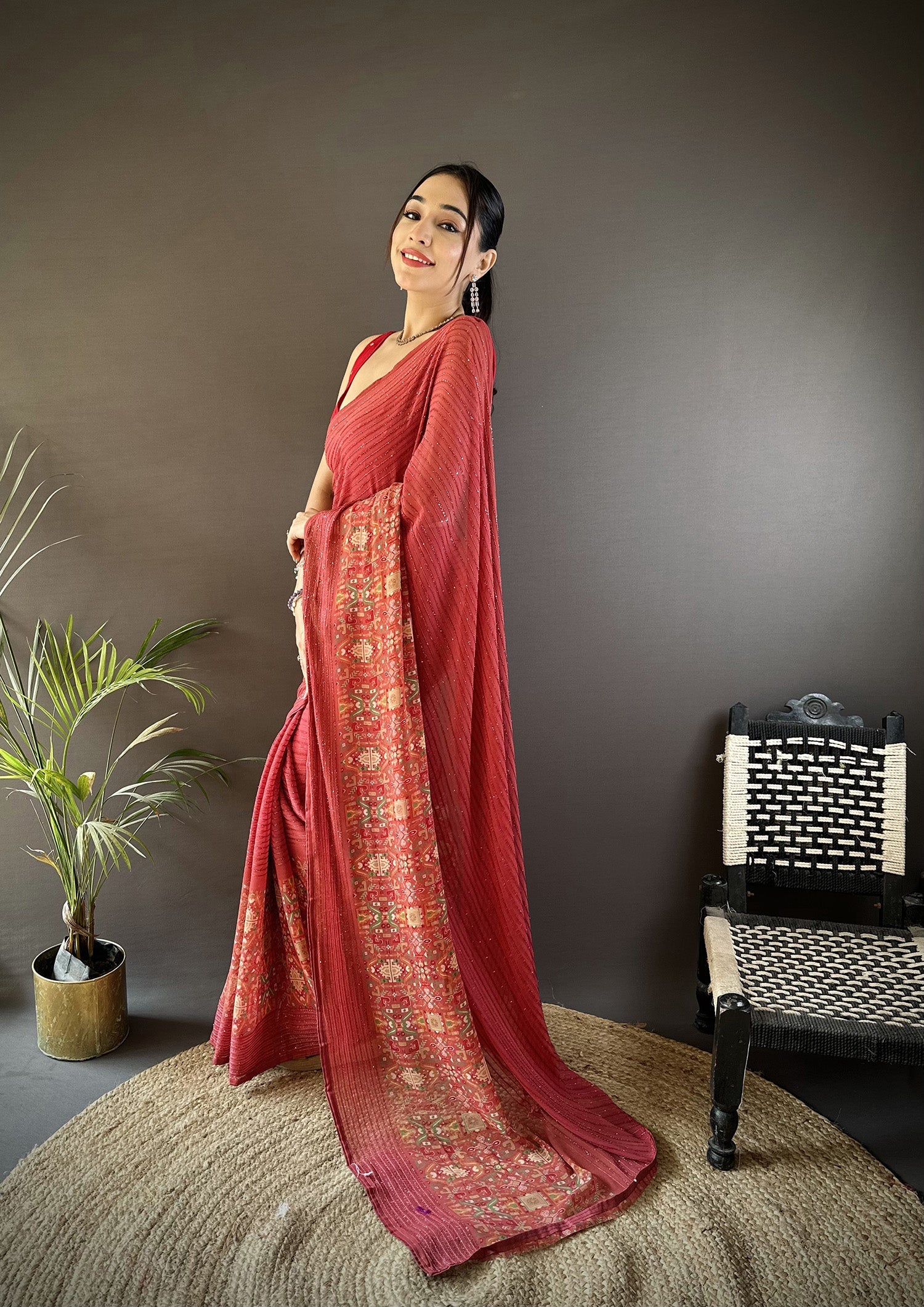 Joban Fashion Red Georgette Attractive Foil Print Saree