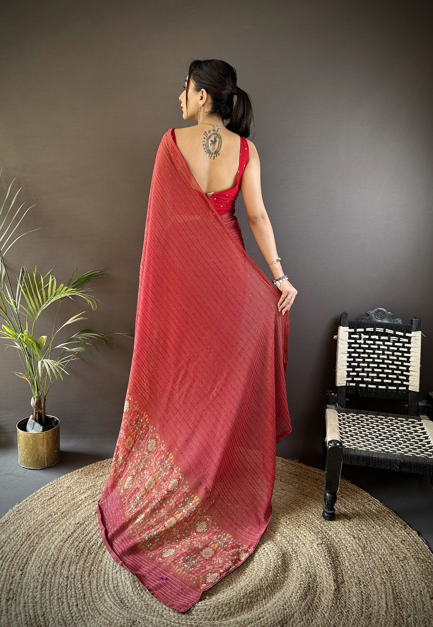 Joban Fashion Red Georgette Attractive Foil Print Saree