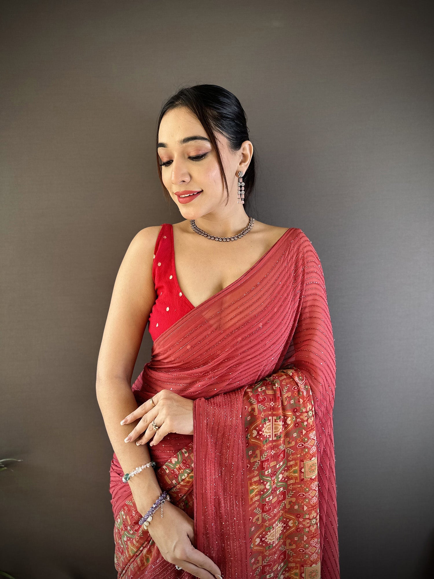 Joban Fashion Red Georgette Attractive Foil Print Saree