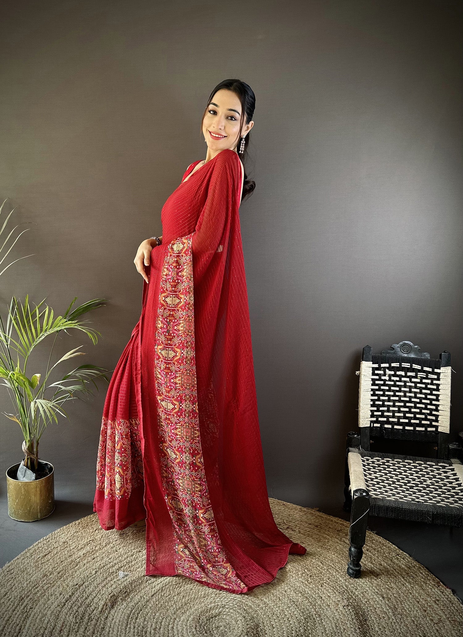 Joban Fashion Royal Red Georgette Attractive Foil Print Saree