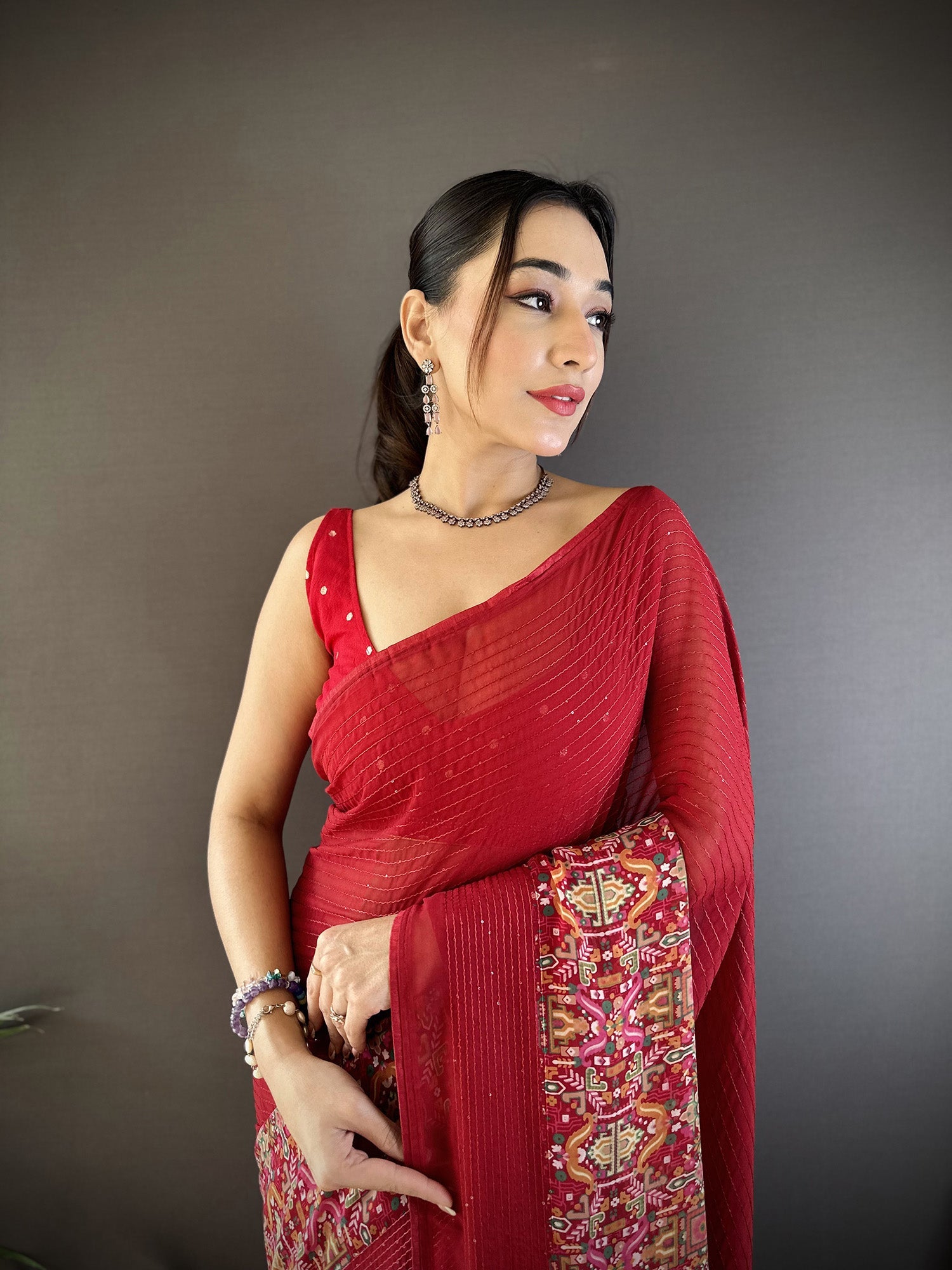 Joban Fashion Royal Red Georgette Attractive Foil Print Saree