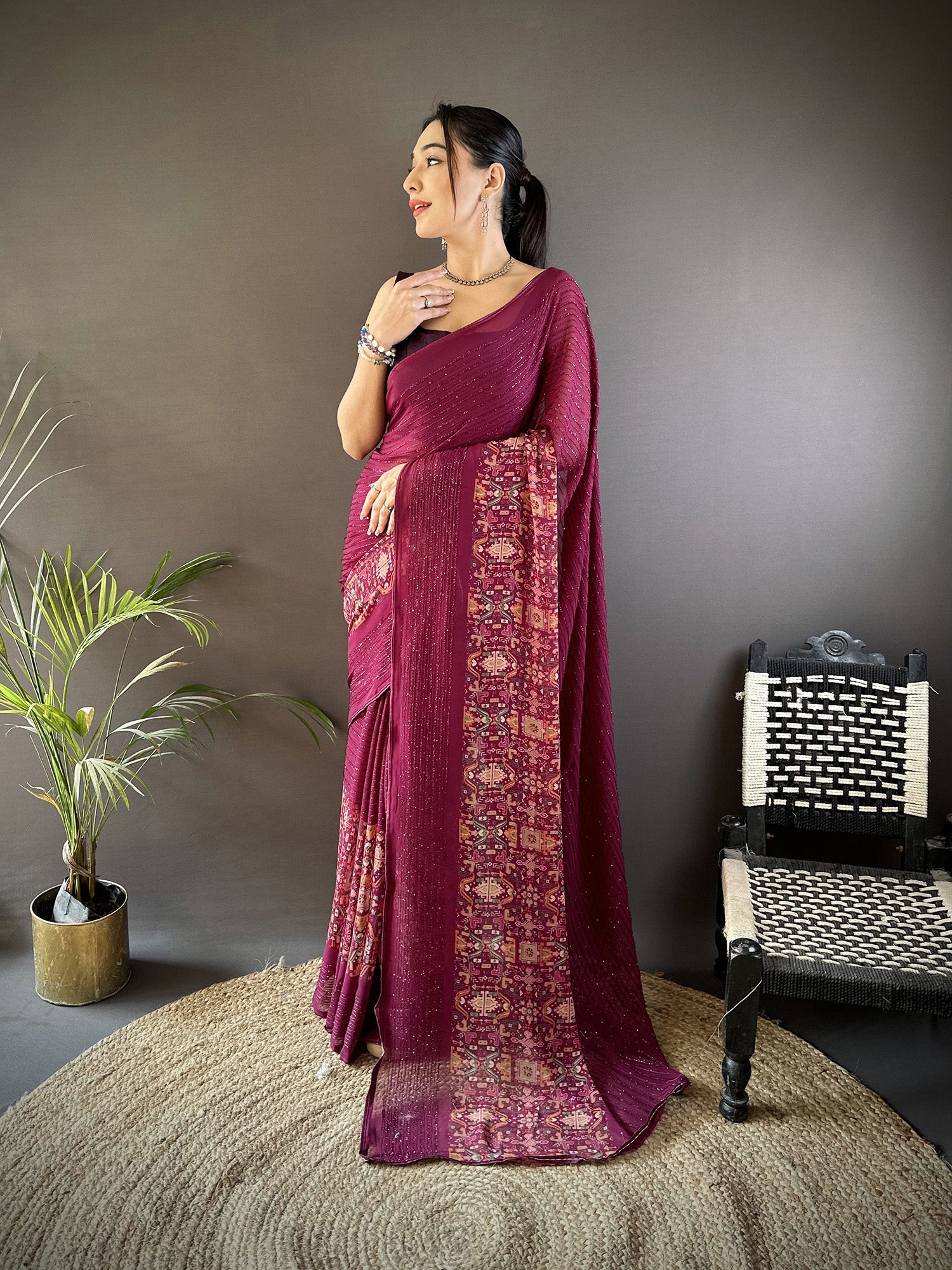 Joban Fashion Wine Georgette Attractive Foil Print Saree