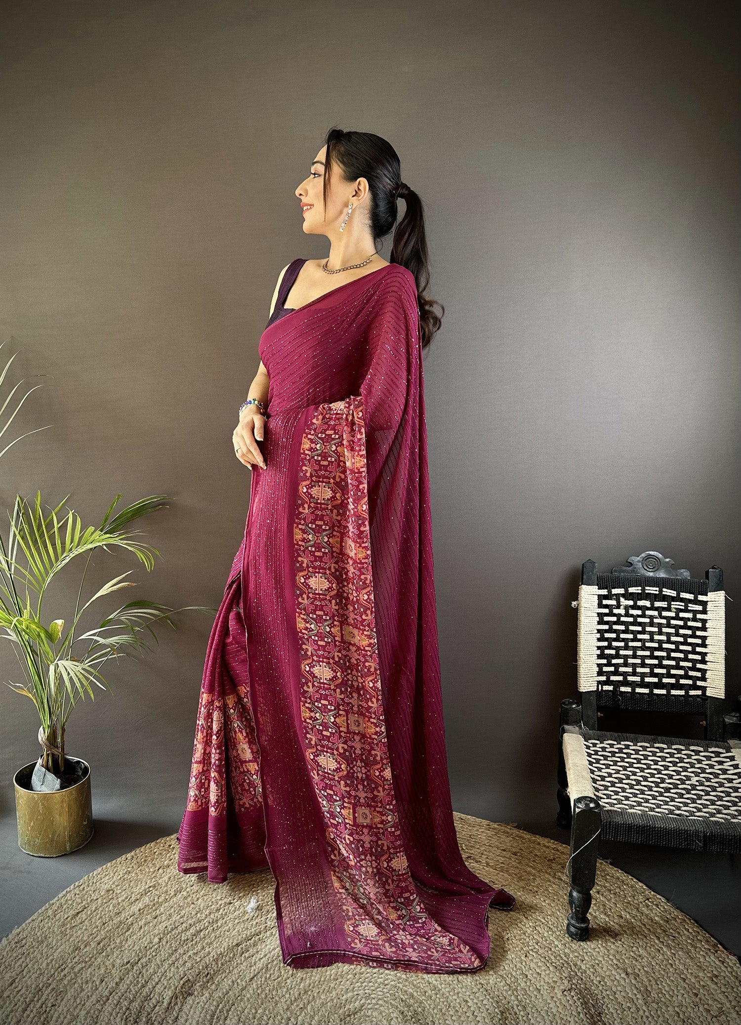 Joban Fashion Wine Georgette Attractive Foil Print Saree
