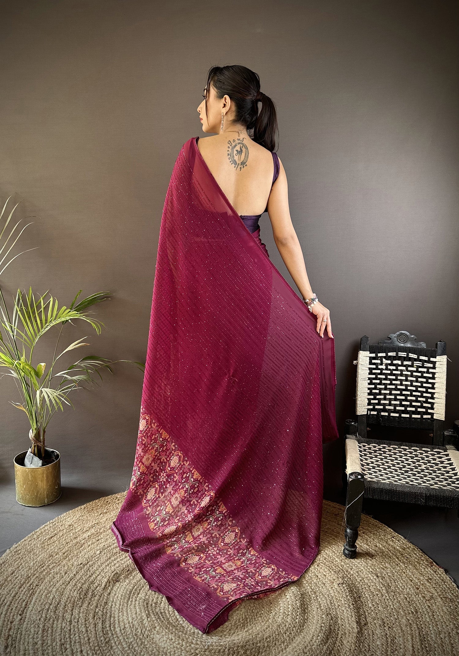 Joban Fashion Wine Georgette Attractive Foil Print Saree