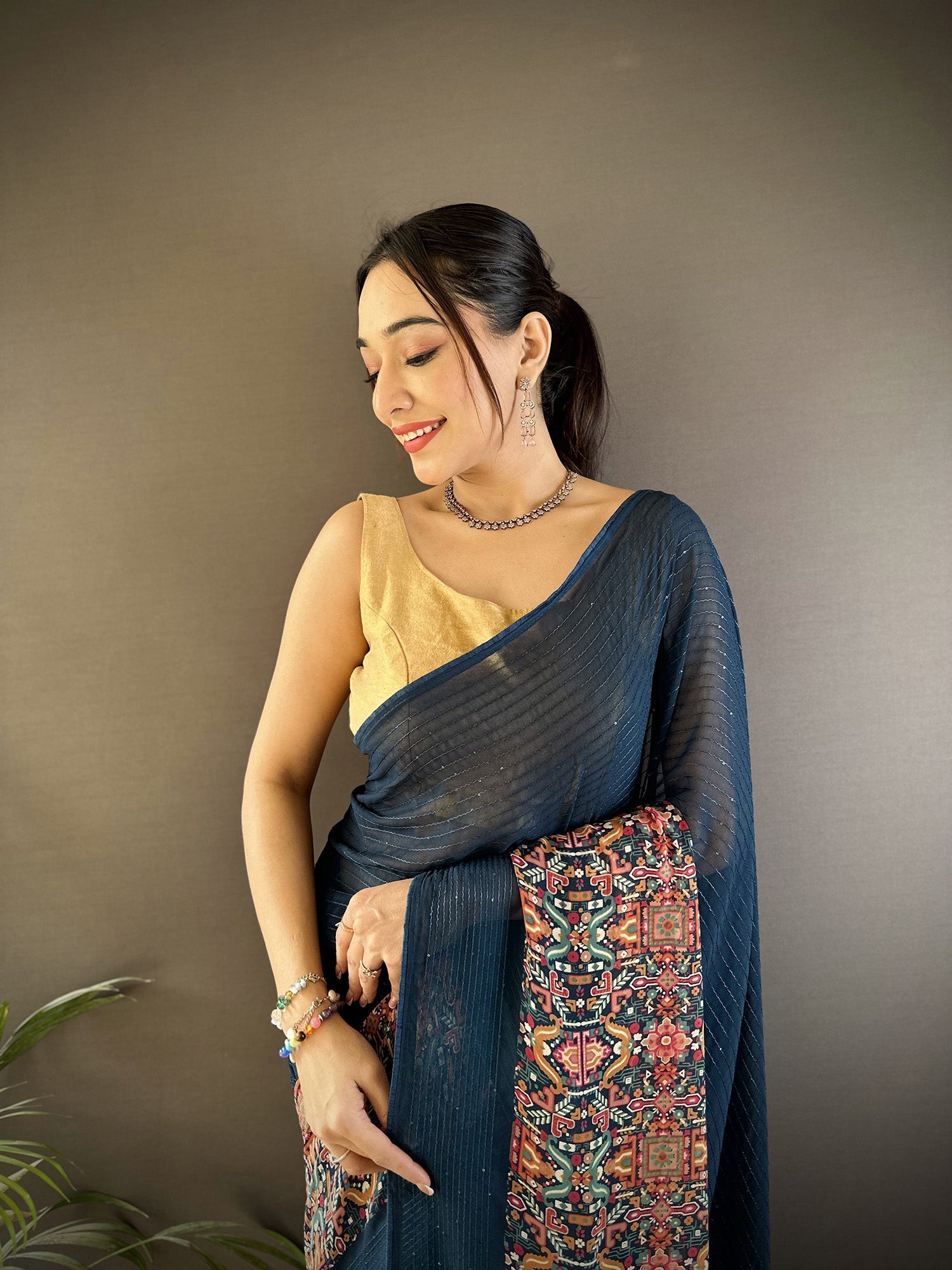 Joban Fashion Blue Georgette Attractive Foil Print Saree