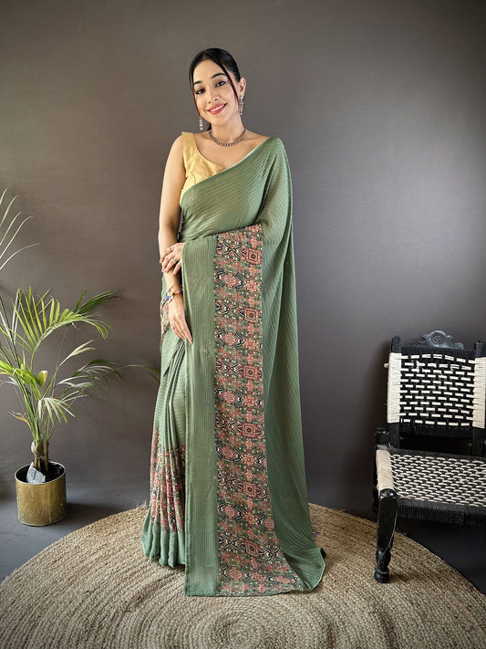 Joban Fashion Mehendi Green Georgette Attractive Foil Print Saree