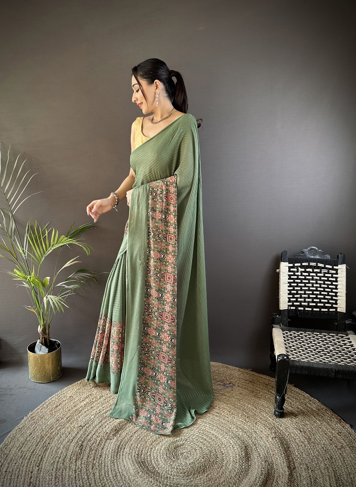 Joban Fashion Mehendi Green Georgette Attractive Foil Print Saree