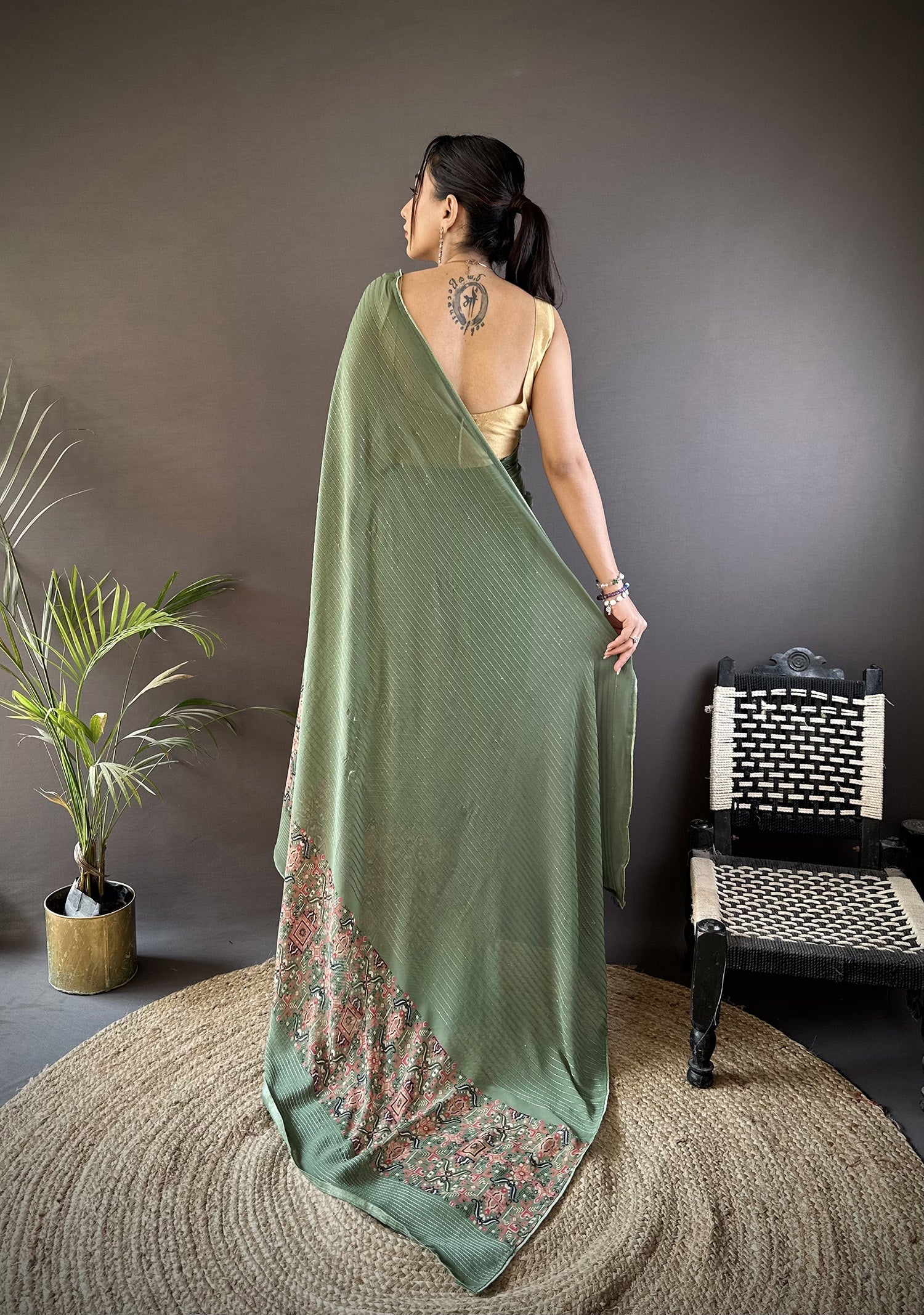 Joban Fashion Mehendi Green Georgette Attractive Foil Print Saree